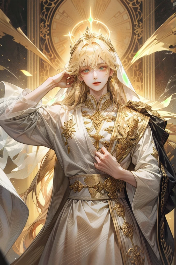 A man standing, with long yellow blonde hair crowned by a glowing golden halo that radiates sharp, divine rays. He wears a flowing white garment adorned with intricate golden designs, including delicate wheel-like patterns symbolizing divinity and protection. Both of his muscular arms lift a white veil from his head, revealing his face. He gazes tenderly downward  with a loving smile, exuding an aura of gentle protection. His hands is up are Raised above his head. His shoulder is Raised and he looks straight. The art style is Semi realism.
undefined, undefined, undefined, undefined, undefined, 