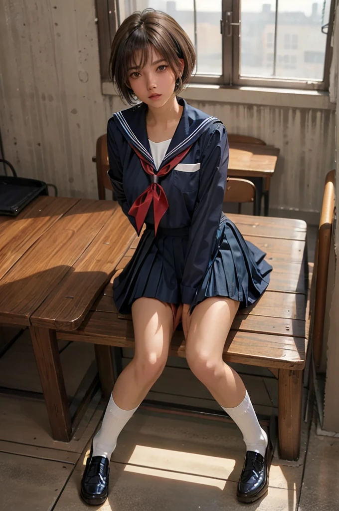 ((1 Japanese girl)), solo:1.9, alone:1.9, only one girl:1.9, 1 cute girl:1.9, 1 schoolgirl, (Japanese Girl:1.2), ((((school uniform, Navy jacket, white shirt, navy pleated skirt, white knee socks, black loafers)))), facing the camera,  perfect girl,  perfect face, shiny pink lips, expressive eyes, eyeshadow, eyeliner, (Huge natural breasts:1.3),  thin waist, Wheat skin:1.5, tanned skin:1.5, light brown hair, ((( very short hair ))), ((( pixie cut ))), for moles under eyes, Eyeball, ( embarrassing:1.2,  Upturned eyes ), class room, sit on school chair, whole body, From above, ultra high resolution, Accurate, Attention to Details, high quality, masterpiece, Anatomically accurate, biomechanically accurate, wrinkled skin, super detail, high quality, 