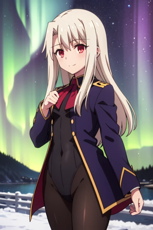 best quality, masterpiece, highres, solo, (illyasviel_von_einzbern_fatestaynightufotable:1.10), 1girl, papakha, night, northern lights, aurora borealis, in an elegant leotard, tailcoat, pantyhose, anime coloring, closed mouth, looking at viewer, smile, anime_style, 3 