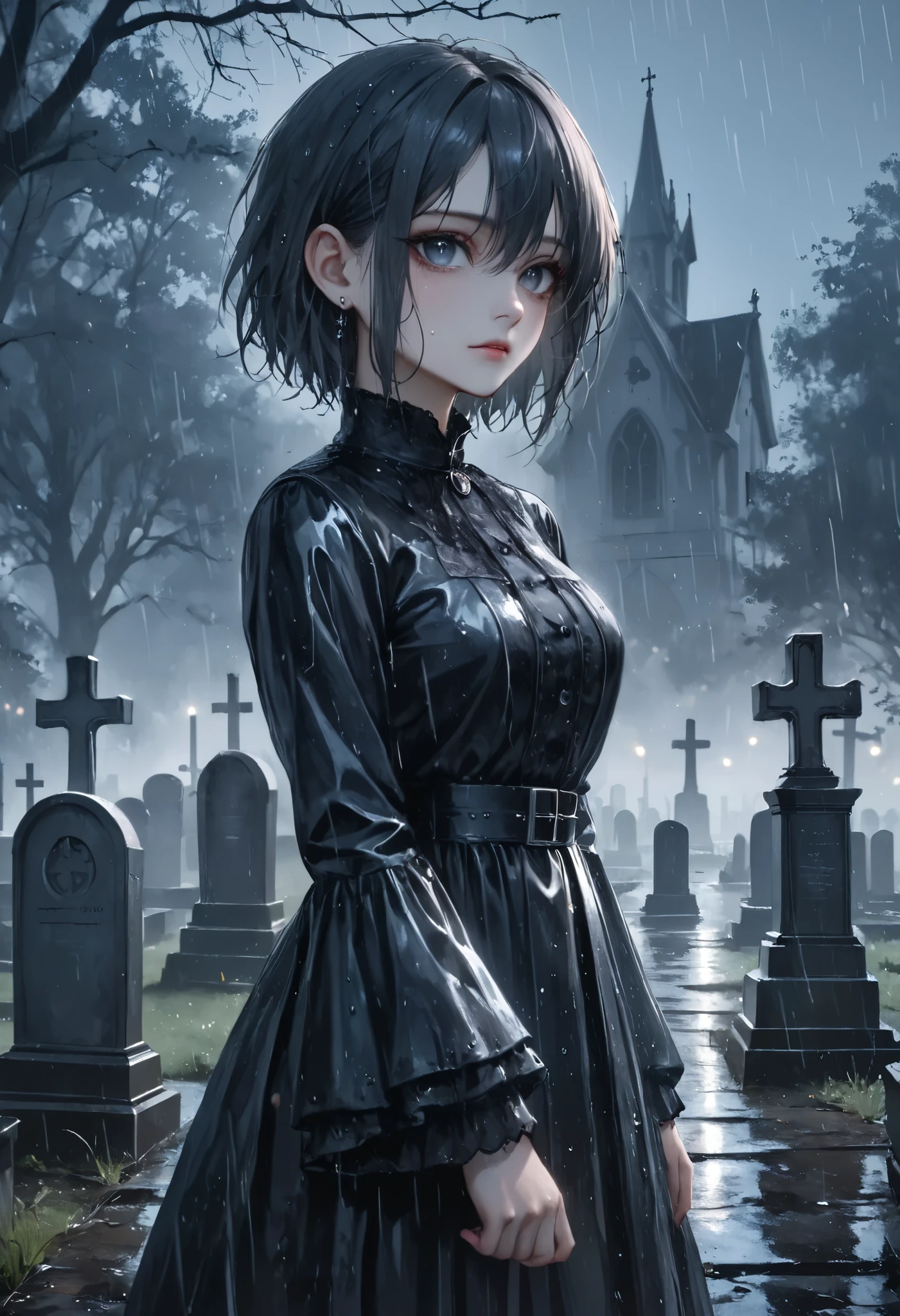 masterpiece, best quality, 8k, highres, ultra-detailed, HDR, UHD, ultra-fine painting, dark gothic style, eerie cemetery at night, (rain falling steadily), wet and shiny gravestones, derelict graveyard,gothic girl with drenched hair,walking slowly with gravestones in the background, slightly tilting her head downward, piercing gray eyes glowing faintly in the dim light, staring intensely at the viewer, intricate black gothic dress with lace details,somber and unsettling atmosphere, wet ground reflecting faint light, overcast sky with heavy rain clouds, melancholic and mysterious mood, subtle highlights on raindrops and wet surfaces