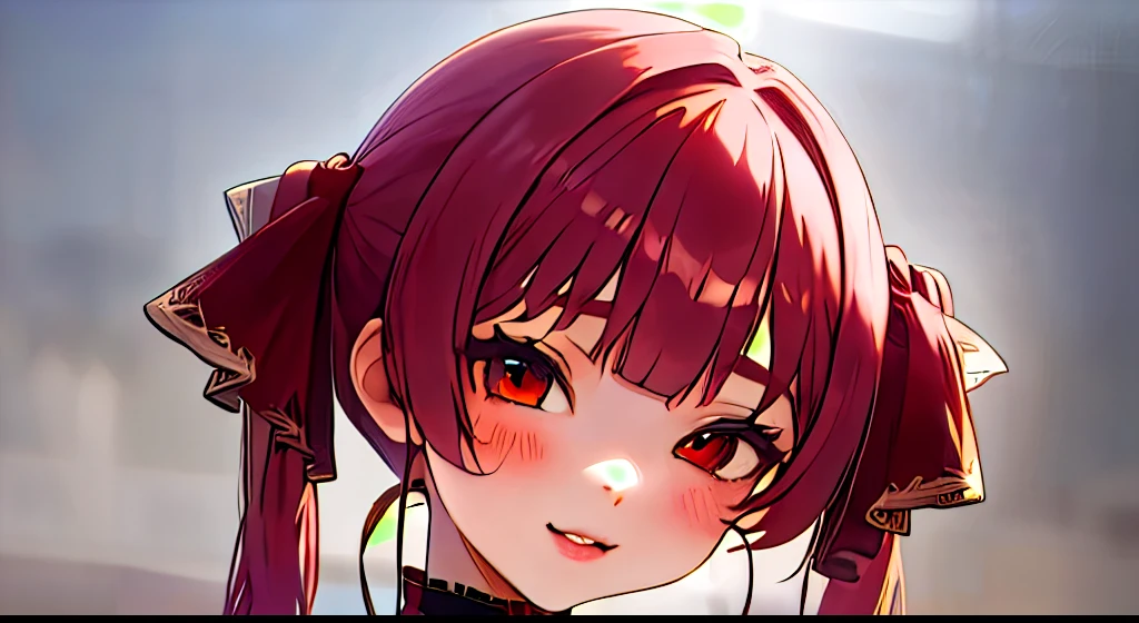 a young girl with long red hair, beautiful detailed eyes, beautiful detailed lips, extremely detailed face, longeyelashes, white background, cool, cute, flirty, twin tails, ribbon, (best quality,4K,8k, highres icon,masterpiece:1.2),ultra-detailed,(realistic,photorealistic,photo-realistic:1.37),illustration,vibrant colors,soft lighting,Overall,Red eyes,Red eyes