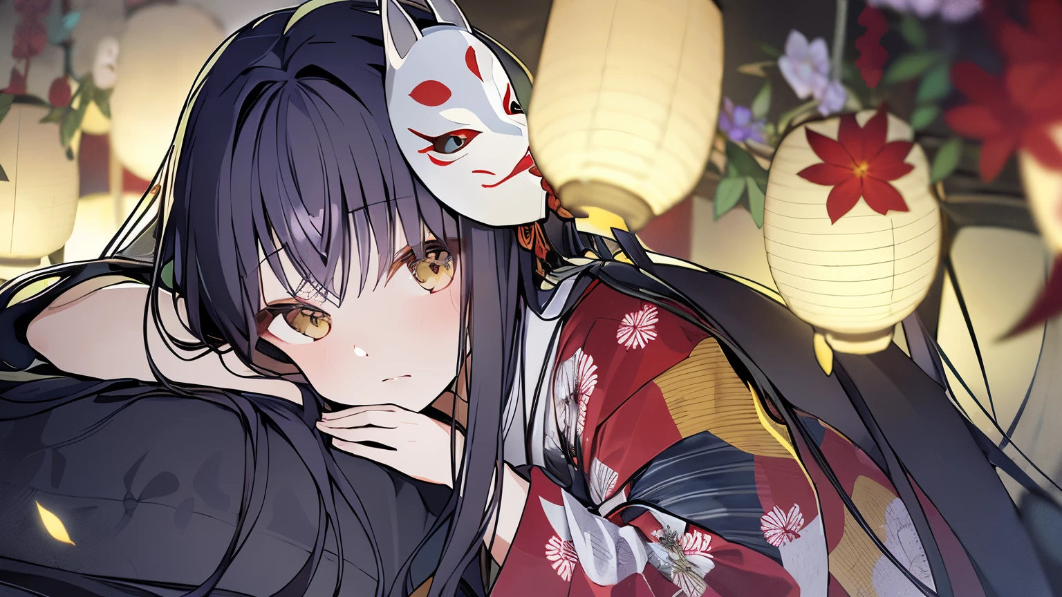 -Ghost nocturnal , 1 girl ,Long Hair,kimono,Japanese clothing,flower,Alone,white kimono,very Long Hair, black hair,Red Flower, look at the viewer,White Flower,sash,bangs,heart, hair ornament , mask , lantern,White Eyes,leaf,