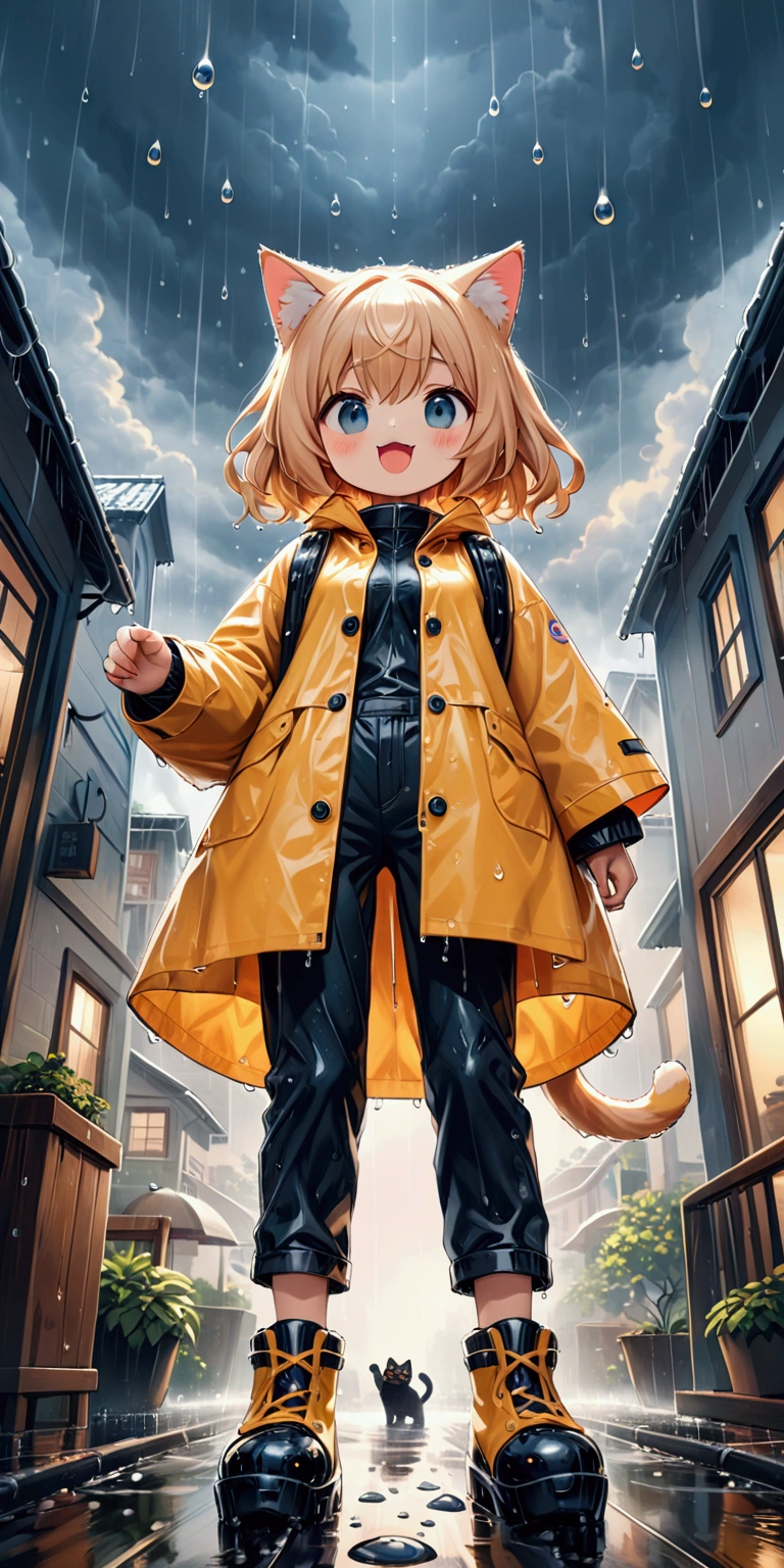 
(heavy rain:1.3), (big raindrops), (rainy sky). 1girl/((catgirl:1.3),(furry:1.2),kemono,(chibi:1.2),cat ear,cat eye,cute, kawaii,hair floating, hair shining brightly, curly hair, short hair, messy hair, eye color cosmic, big eyes, (dynamic angle:1.4),(from below:1.4), long shot,short pants,(Walking dynamically:1.4), (big steps:1.3),(walk heavy steps:1.4),(big smile:1.3),open mouth,fangs,wet hair, wet, cute raincoat,happy,dynamic\). BREAK .background\(heavy rain, dark sky, beautiful waterdrops, long shot\),(from below:1.7),(ground level shot:1.7),(from directly below:1.7). BREAK .quality\(8k,wallpaper of extremely detailed CG unit, high resolution, top-quality, top-quality real texture skin, hyper realistic, increase the resolution, RAW photos, best quality, highly detailed, the wallpaper, golden ratio, high saturation realism, vibrant colors, dramatic lighting, persuasive storytelling, atmospheric scenery, captivating visuals, intricate details, strong emotions, dreamlike world\),realistic rain, high speed shutter, (fisheye lens), (focus on waterdrops), landscape, rotated view style, Dutch Angle Style