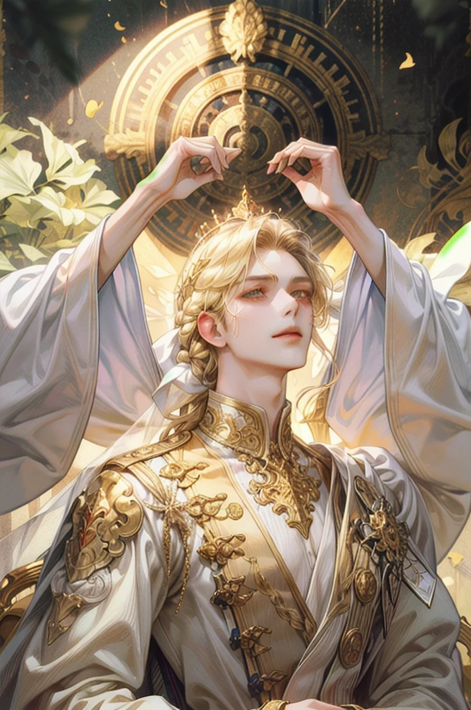 A man standing, with long yellow blonde hair crowned by a glowing golden halo that radiates sharp, divine rays. He wears a flowing white garment adorned with intricate golden designs, including delicate wheel-like patterns symbolizing divinity and protection. Both of his muscular arms lift a white veil from his head, revealing his face. He gazes tenderly downward  with a loving smile, exuding an aura of gentle protection. His hands is up are Raised at the same level as his head. He is Raiseing a vail like a braid. His shoulder is Raised and he looks straight. The art style is Semi realism.
undefined, undefined, undefined, undefined, undefined, 