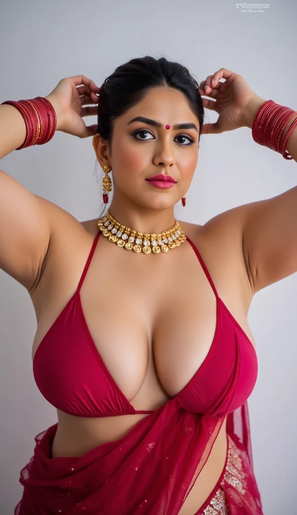 Indian beautiful woman sexy alluring face bhabhi, Mouth slightly open,Kajal in eyes, heavy mascara,Giving sexy look to viewer's,big long earrings,(( Wearing sleeveless bikini blouse)),Medium size mole on breast and armpits,Both hand's stretched up above the head showing dark hairy stubble armpits,Sindoor Vermilion in hairs,middle parting ornament in hairs,Golden long necklace,Sleeveless bikini blouse,very deep cleavage,curvy plus size model wearing transparent Dark Red glossy transparent color saree,red nail polish, Dark Red satin glossy sleeveless bikini blouse, plenty red bangles in hand,red dark medium bindi on fore head,Red dark lipstick, heavy bridal makeup, showing navel and midriff,facing to camera in Squat posture, Wearing black High heels sandals,curvy legs,curvy plus size figure,big large m-cup breasts, deep cleavage, huge breasts, side bun hairstyle, bright eyes, thin eyebrows, fair skin, blushing cheeks, prefect ,head to thighs view, head to thigh view, bright sunlight,oily sweaty shiny detailed skin.