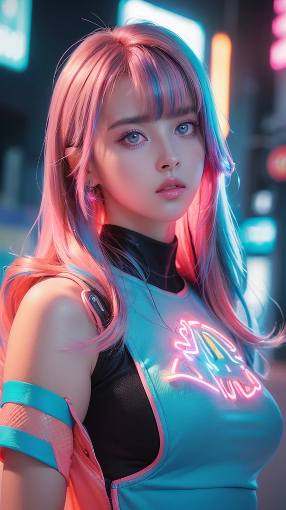 (masterpiece, highest quality, highest quality, Official Art, beautifully, aesthetic:1.2), Staring at the viewer, Portrait Photography, (Cyberpunk beautiful girl 1 person), Big iridescent eyes, Beautiful skin, (Pink and blue long hair with bangs), Very detailed, (Neon colored fractal art:1.3), Perfect lighting, Sharp focus, High resolution, High resolution, High color rendering, High resolution, Super realistic,