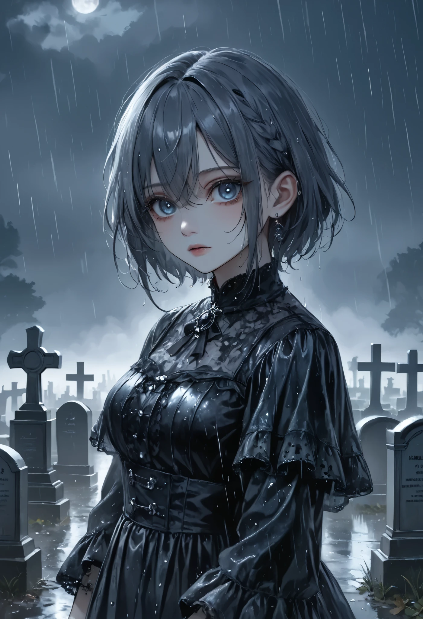 masterpiece, best quality, 8k, highres, ultra-detailed, HDR, UHD, ultra-fine painting, dark gothic style, eerie cemetery at night, (rain falling steadily), wet and shiny gravestones, derelict graveyard,gothic girl with drenched hair,walking slowly with gravestones in the background, slightly tilting her head downward, piercing gray eyes glowing faintly in the dim light, staring intensely at the viewer, intricate black gothic dress with lace details,somber and unsettling atmosphere, wet ground reflecting faint light, overcast sky with heavy rain clouds, melancholic and mysterious mood, subtle highlights on raindrops and wet surfaces