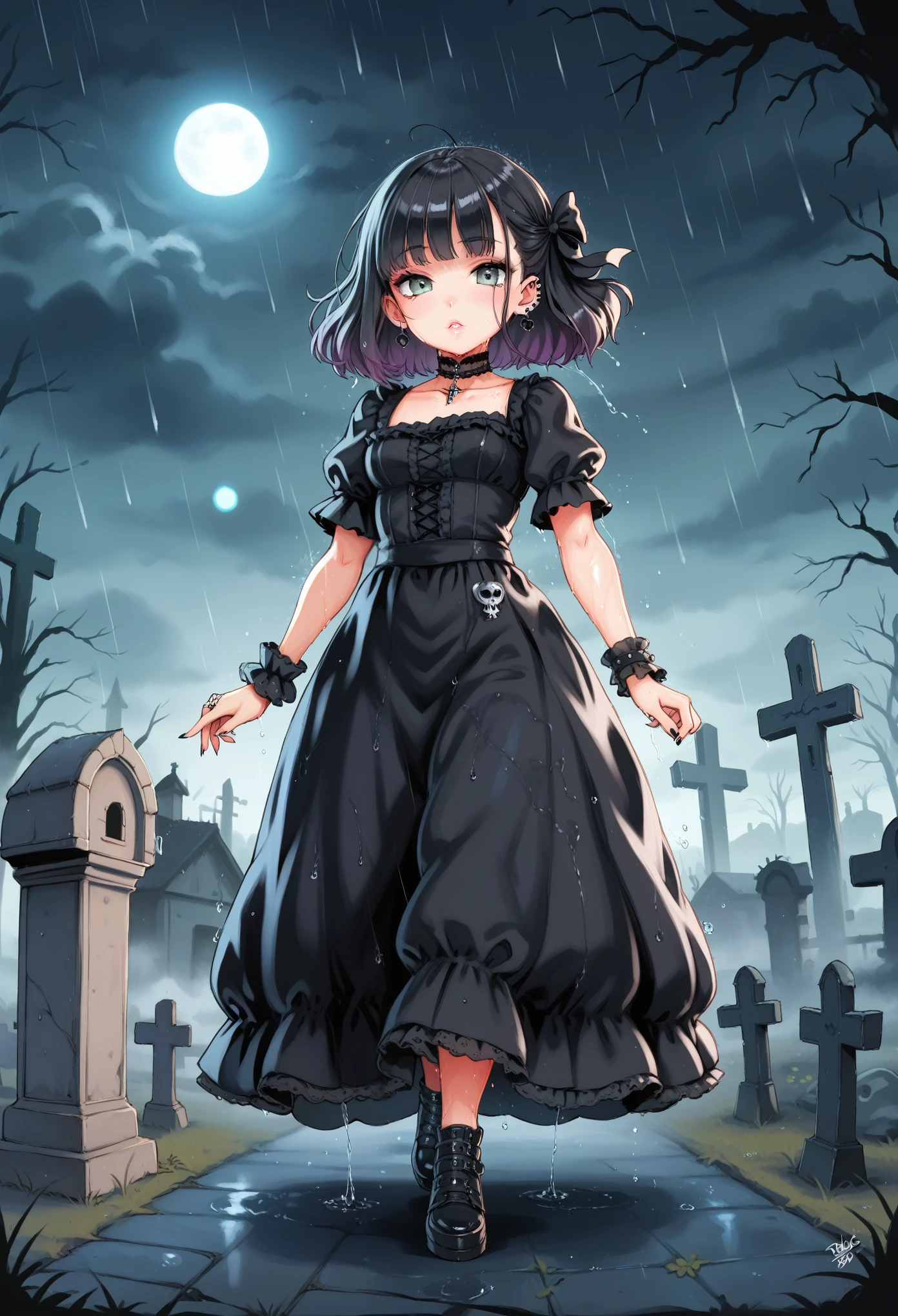 masterpiece, best quality, 8k, highres, ultra-detailed, HDR, UHD, ultra-fine painting, dark gothic style, eerie cemetery at night, (heavy rain falling steadily), wet and shiny gravestones, derelict graveyard,gothic girl with drenched hair, slightly tilting her head downward, piercing gray eyes glowing faintly in the dim light, staring intensely at the viewer, intricate black gothic dress with lace details, (walking slowly back to gravestones), somber and unsettling atmosphere, wet ground reflecting faint light, overcast sky with heavy rain clouds, melancholic and mysterious mood, subtle highlights on raindrops and wet surfaces