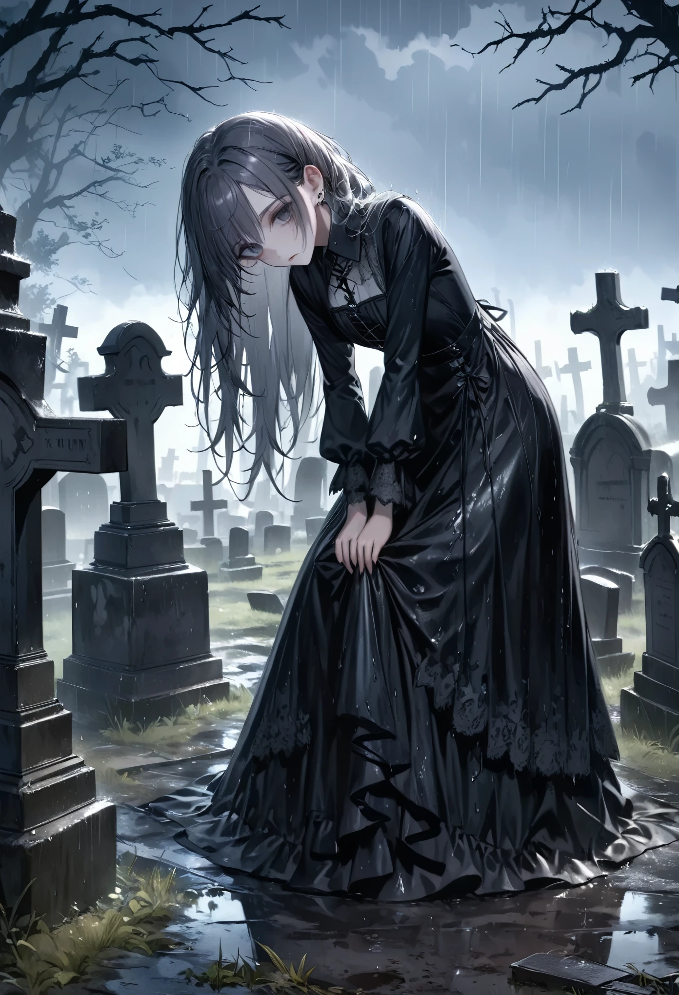 masterpiece, best quality, 8k, highres, ultra-detailed, HDR, UHD, ultra-fine painting, dark gothic style, eerie cemetery at night, (heavy rain falling steadily), wet and shiny gravestones, derelict graveyard,gothic girl with drenched hair, slightly tilting her head downward, piercing gray eyes glowing faintly in the dim light, staring intensely at the viewer, intricate black gothic dress with lace details, (walking slowly back to gravestones), somber and unsettling atmosphere, wet ground reflecting faint light, overcast sky with heavy rain clouds, melancholic and mysterious mood, subtle highlights on raindrops and wet surfaces