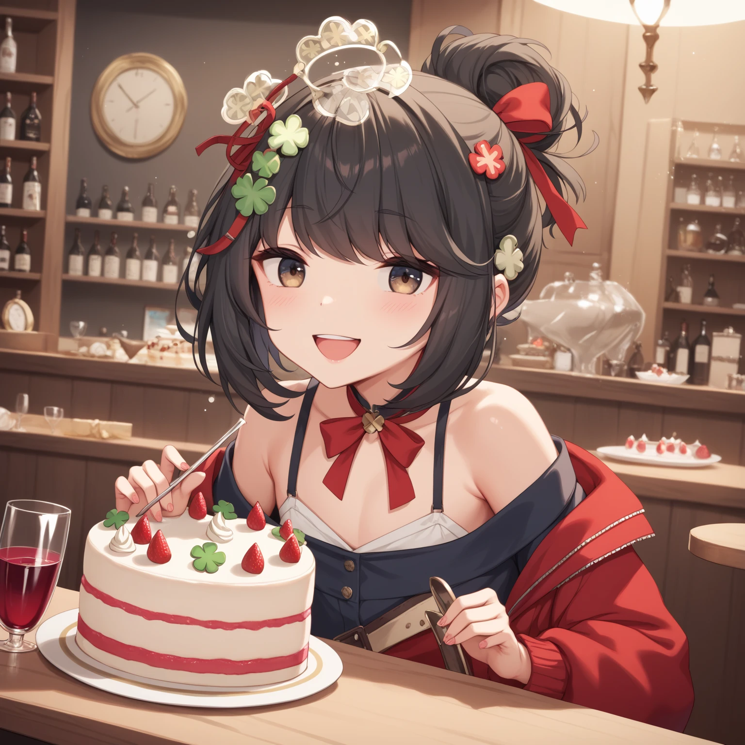  (8k), (  very detailed), (   best illustration  ), . flat chested。 take off my clothes。。  big red ribbon barrette。Four leaf clover in hair 。adult。Slightly brown black hair。Shima Rin, cake。Four leaf clover in hair。 medium hair。 wine glass。Being drunk。smile。adult。 casual。 pee 。