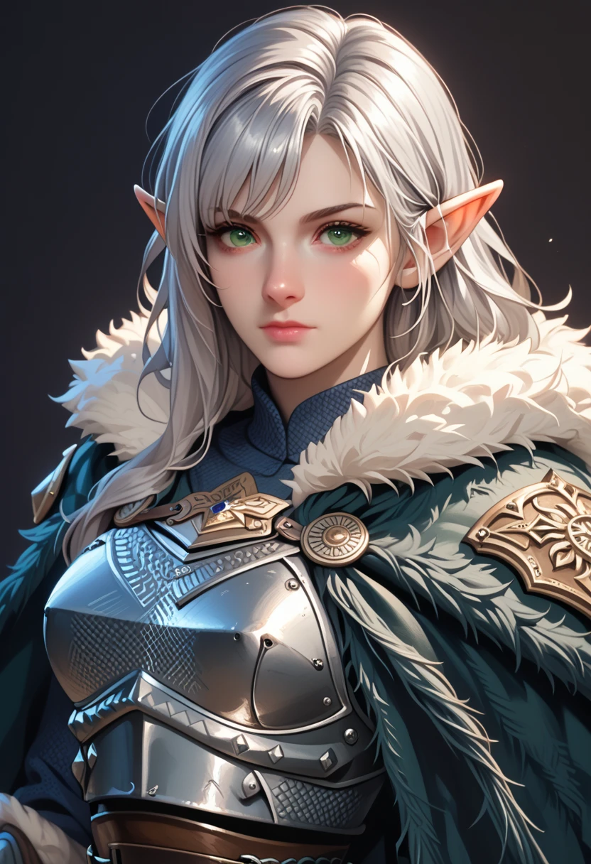 score_9, score_8_up, score_7_up, woman, simple background, dark background, green eyes, gorgeous, elf, fur outfit, black viking outfit, pale skin, solo, dark blue heavy armour, dark blue medieval armour, dark blue chainmail, mythril armour, elven ornaments, fur cloak, standing up straight, calm face, runic tattoos, silver hair, closed mouth, cowboy shot