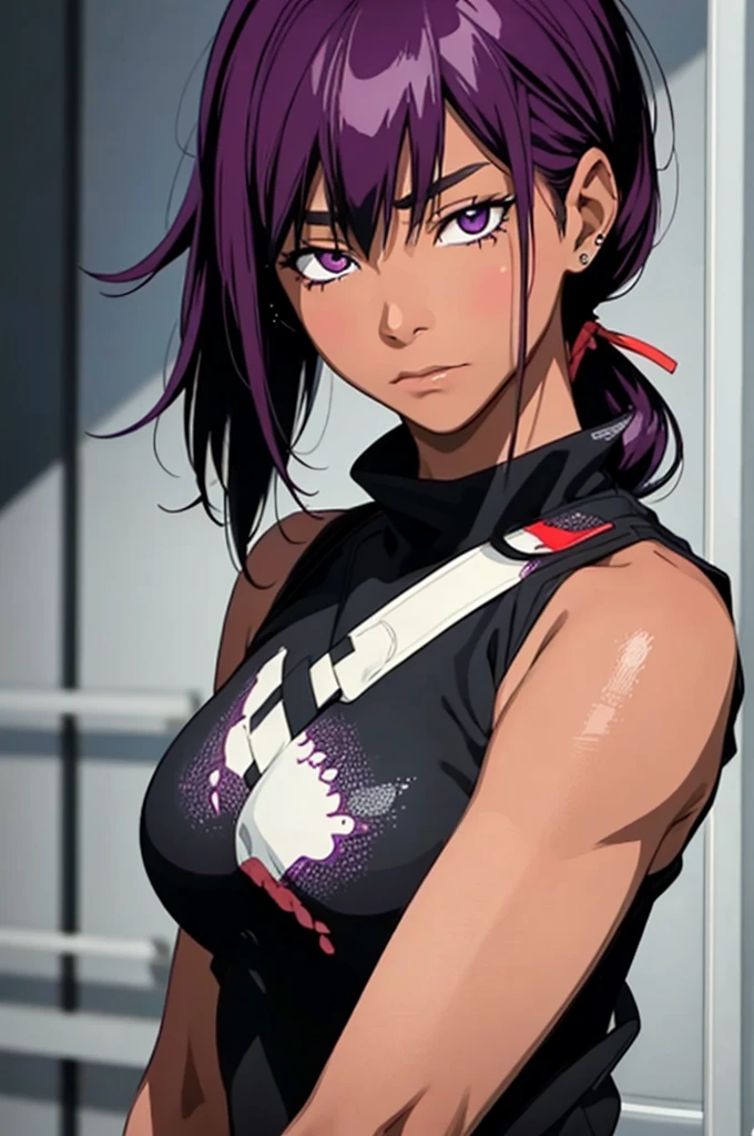 1 female, Yoichi Shiho-in , Black skin , Long dark purple hair,  ponytails bleeding from the vagina, (( Detail Eyes:1.2)), Wear tank tops ,  sexy, Functional,  sleeveless,  Underbob , masterpiece,  best quality,  best quality,  Official Art, beautiful、And aesthetic :1.2),  extremely detailed,  colorful , HIGHEST DEFINITION 