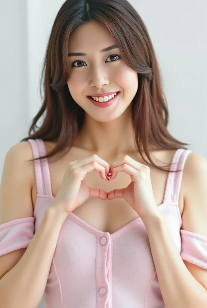 Only one woman with a cute smile wears cute, fluffy off-shoulder pajamas, makes a big heart shape with both hands, and poses them in front of her chest, View above collarbone、The background is a monotone 、
