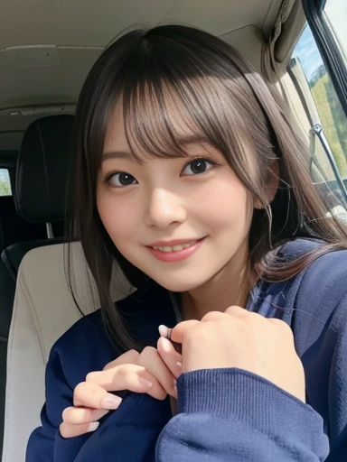 8K、High definition、Ultra Detail、Photorealistic、Realistic and accurate depiction、Realistic and accurate human anatomy、High resolution、Highest quality、Japanese beautiful girl、masterpiece,Highest quality,Raw photo、She sits in the passenger seat of the car、Drive Date、A very cute face like an idol 、Very beautiful black hair、A refreshing smile、Cute hairstyle、Neat and cute clothes