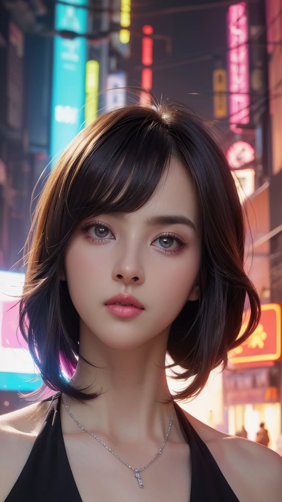 (masterpiece, highest quality, highest quality, Official Art, beautifully, aesthetic:1.2), Staring at the viewer, Portrait Photography, (Cyberpunk beautiful girl 1 person), Big iridescent eyes, Beautiful skin, (Pink and blue long hair with bangs), Very detailed, (Neon colored fractal art:1.3), Perfect lighting, Sharp focus, High resolution, High resolution, High color rendering, High resolution, Super realistic,