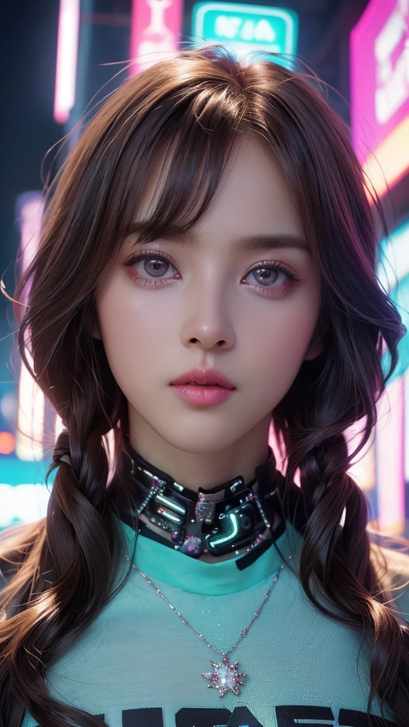 (masterpiece, highest quality, highest quality, Official Art, beautifully, aesthetic:1.2), Staring at the viewer, Portrait Photography, (Cyberpunk beautiful girl 1 person), Big iridescent eyes, Beautiful skin, (Pink and blue long hair with bangs), Very detailed, (Neon colored fractal art:1.3), Perfect lighting, Sharp focus, High resolution, High resolution, High color rendering, High resolution, Super realistic,