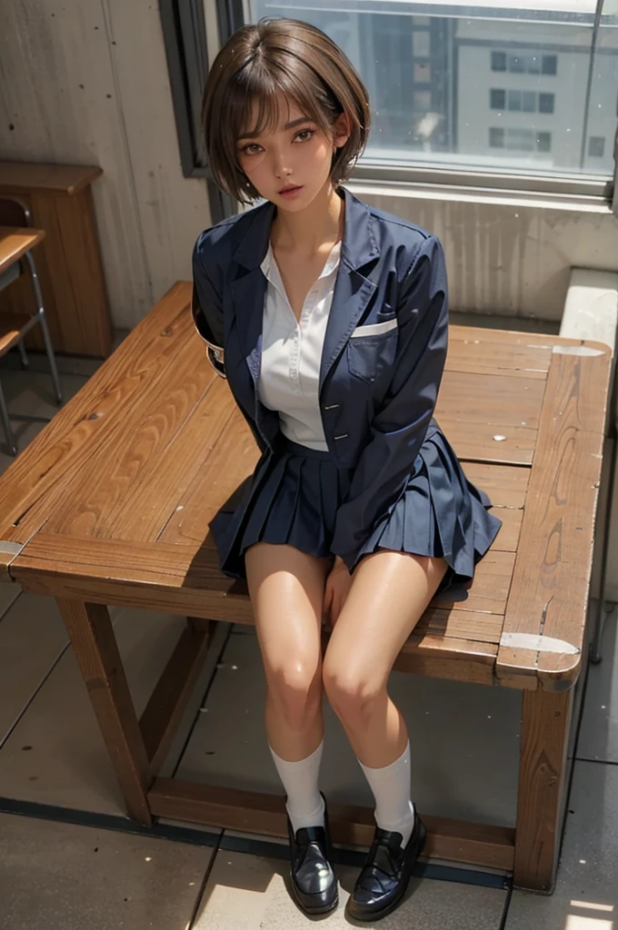 ((1 Japanese girl)), solo:1.9, alone:1.9, only one girl:1.9, 1 cute girl:1.9, 1 schoolgirl, (Japanese Girl:1.2), ((((school uniform, Navy jacket, white shirt, navy pleated skirt, white knee socks, black loafers)))), facing the camera,  perfect girl,  perfect face, shiny pink lips, expressive eyes, eyeshadow, eyeliner, (Huge natural breasts:1.3),  thin waist, Wheat skin:1.5, tanned skin:1.5, light brown hair, ((( very short hair ))), ((( pixie cut ))), for moles under eyes, Eyeball, ( embarrassing:1.2,  Upturned eyes ), class room, sit on school chair, whole body, From above, ultra high resolution, Accurate, Attention to Details, high quality, masterpiece, Anatomically accurate, biomechanically accurate, wrinkled skin, super detail, high quality, 