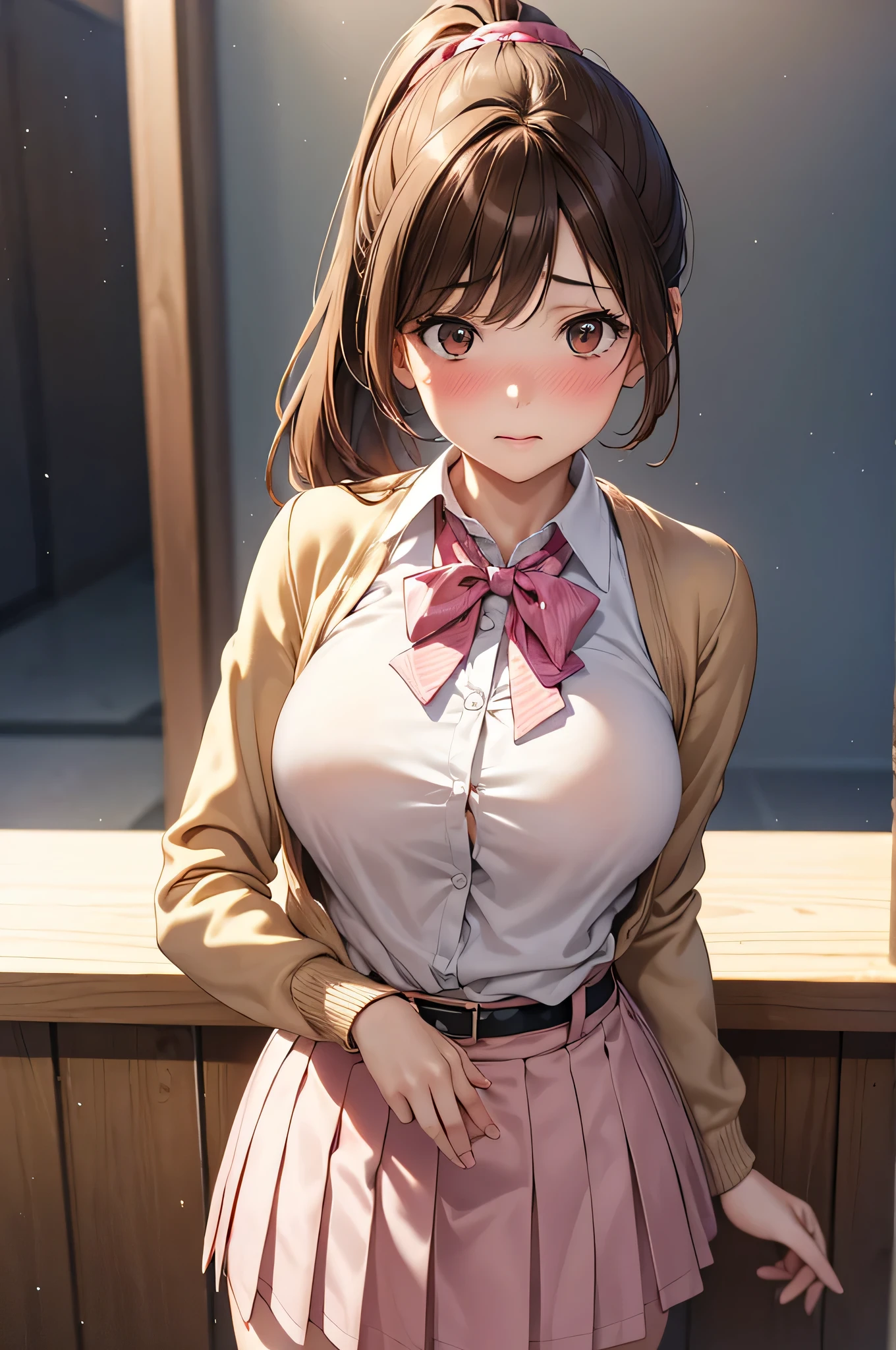  adult woman, Alone,  sexy,8K resolution,(( best quality)), ultra high resolution, ( embarrassed face ), ( Brown Eyes ),  beautiful symmetrical face , ( golden ponytail), pink cardigan,White shirt, uniform skirt,Realistic:1.4,Realistic:1.4,(masterpiece:1.2), perfect eyes, perfect eyes, anatomically correct human body ,Perfect waist,Perfect thighs