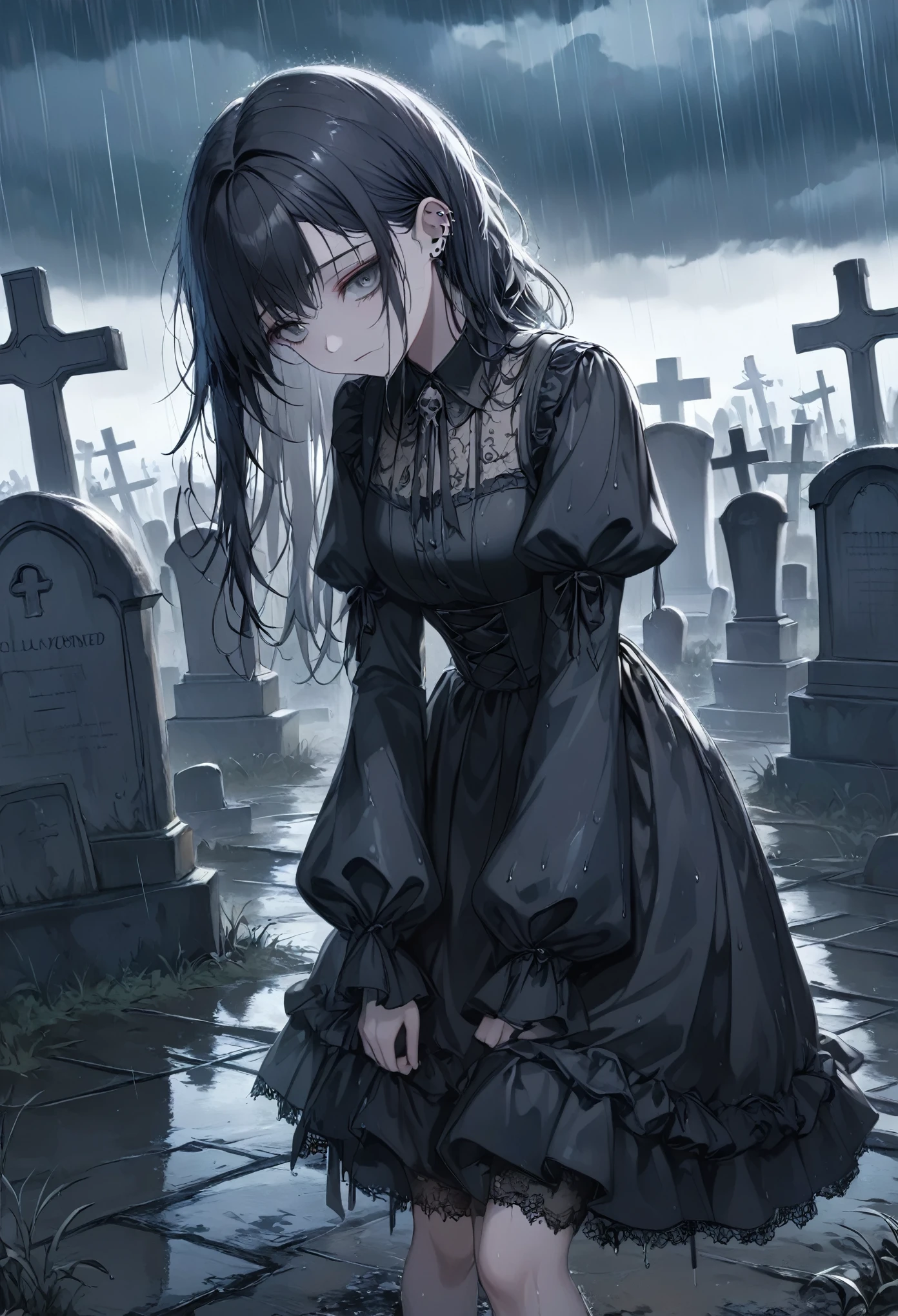 masterpiece, best quality, 8k, highres, ultra-detailed, HDR, UHD, ultra-fine painting, dark gothic style, eerie cemetery at night, (heavy rain falling steadily), wet and shiny gravestones, derelict graveyard,gothic girl with drenched hair, slightly tilting her head downward, piercing gray eyes glowing faintly in the dim light, staring intensely at the viewer, intricate black gothic dress with lace details, walking slowly with gravestones in the background, somber and unsettling atmosphere, wet ground reflecting faint light, overcast sky with heavy rain clouds, melancholic and mysterious mood, subtle highlights on raindrops and wet surfaces