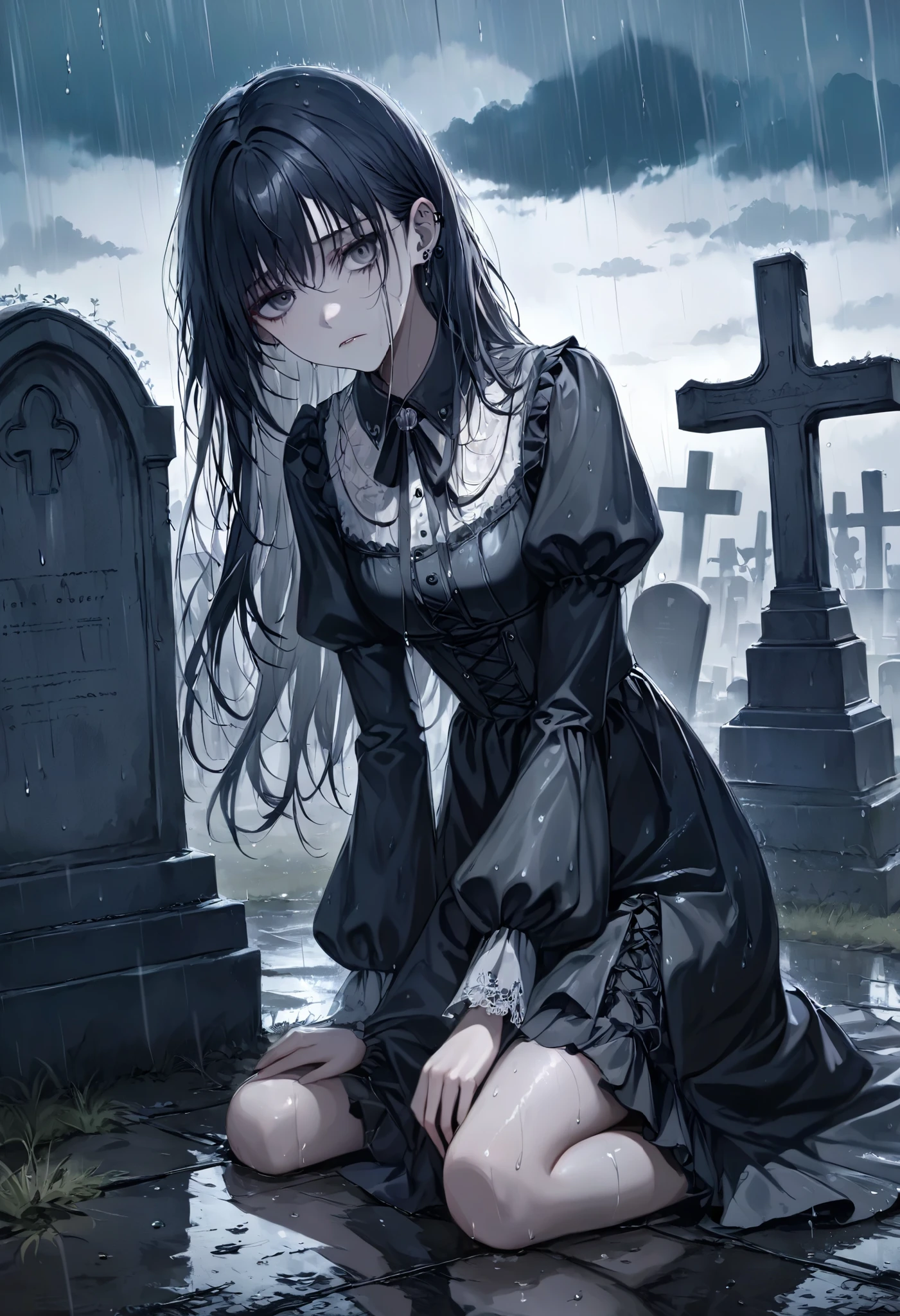 masterpiece, best quality, 8k, highres, ultra-detailed, HDR, UHD, ultra-fine painting, dark gothic style, eerie cemetery at night, (heavy rain falling steadily), wet and shiny gravestones, derelict graveyard,gothic girl with drenched hair, slightly tilting her head downward, piercing gray eyes glowing faintly in the dim light, staring intensely at the viewer, intricate black gothic dress with lace details, walking slowly with gravestones in the background, somber and unsettling atmosphere, wet ground reflecting faint light, overcast sky with heavy rain clouds, melancholic and mysterious mood, subtle highlights on raindrops and wet surfaces