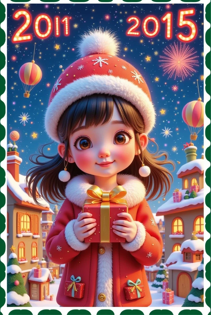   Christmas Card Border  ，  Picture of a Girl Holding a Gift。   Crazy Christmas   ， Glowing Letter 2025 Red，Hot air balloon in the sky，Warm Town   ，  Happy Atmosphere  ，Fireworks background