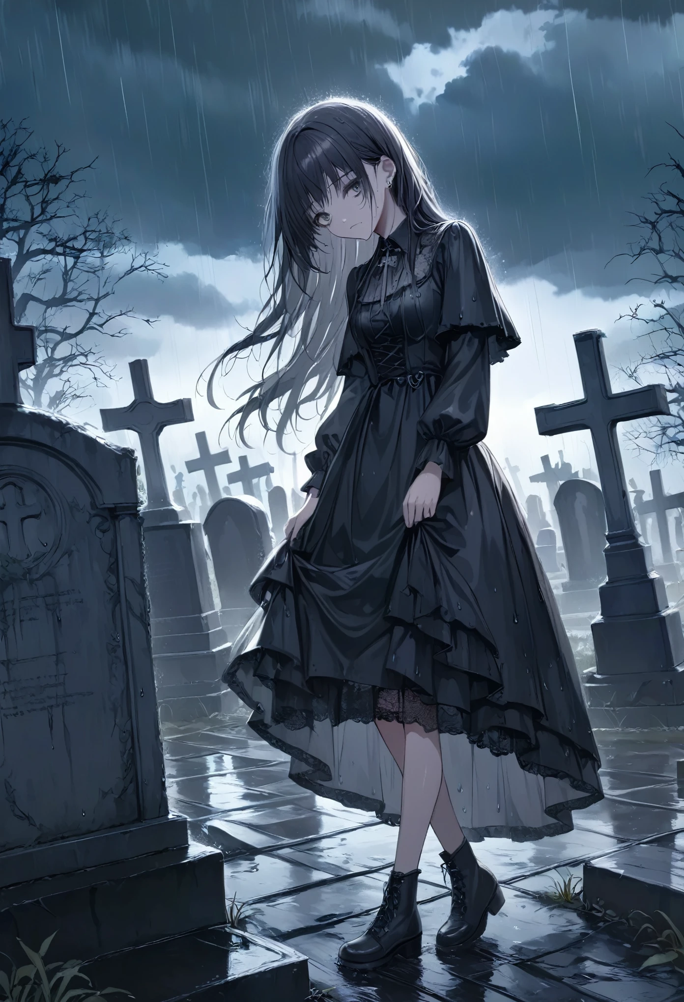 masterpiece, best quality, 8k, highres, ultra-detailed, HDR, UHD, ultra-fine painting, dark gothic style, eerie cemetery at night, (heavy rain falling steadily), wet and shiny gravestones, derelict graveyard,gothic girl with drenched hair, slightly tilting her head downward, piercing gray eyes glowing faintly in the dim light, staring intensely at the viewer, intricate black gothic dress with lace details, walking slowly with gravestones in the background, somber and unsettling atmosphere, wet ground reflecting faint light, overcast sky with heavy rain clouds, melancholic and mysterious mood, subtle highlights on raindrops and wet surfaces