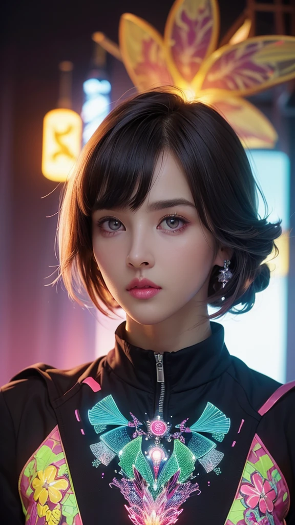 (masterpiece, highest quality, highest quality, Official Art, beautifully, aesthetic:1.2), Staring at the viewer, Portrait Photography, (Cyberpunk beautiful girl 1 person), Big iridescent eyes, Beautiful skin, (Pink and blue long hair with bangs), Very detailed, (Neon colored fractal art:1.3), Perfect lighting, Sharp focus, High resolution, High resolution, High color rendering, High resolution, Super realistic,