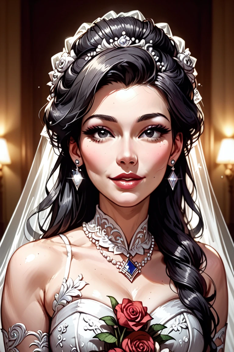 A portrait of dominant woman, mature and attractive, black silky hair parted in the middle, black eyes, wearing a black wedding dress, 22 year old, young