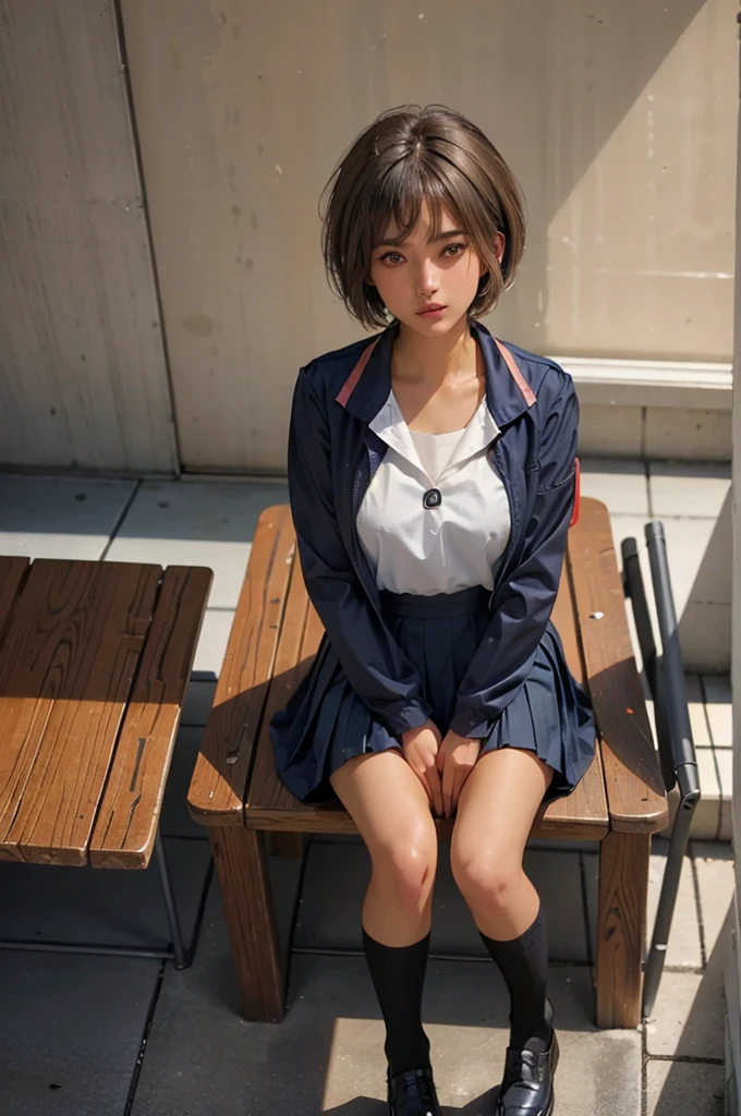 ((1 Japanese girl)), solo:1.9, alone:1.9, only one girl:1.9, 1 cute girl:1.9, 1 schoolgirl, (Japanese Girl:1.2), ((((school uniform, Navy jacket, white shirt, navy pleated skirt, white knee socks, black loafers)))), facing the camera,  perfect girl,  perfect face, shiny pink lips, expressive eyes, eyeshadow, eyeliner, (Huge natural breasts:1.3),  thin waist, Wheat skin:1.5, tanned skin:1.5, light brown hair, ((( very short hair ))), ((( pixie cut ))), for moles under eyes, Eyeball, ( embarrassing:1.2,  Upturned eyes ), class room, sit on school chair, whole body, From above, ultra high resolution, Accurate, Attention to Details, high quality, masterpiece, Anatomically accurate, biomechanically accurate, wrinkled skin, super detail, high quality, 