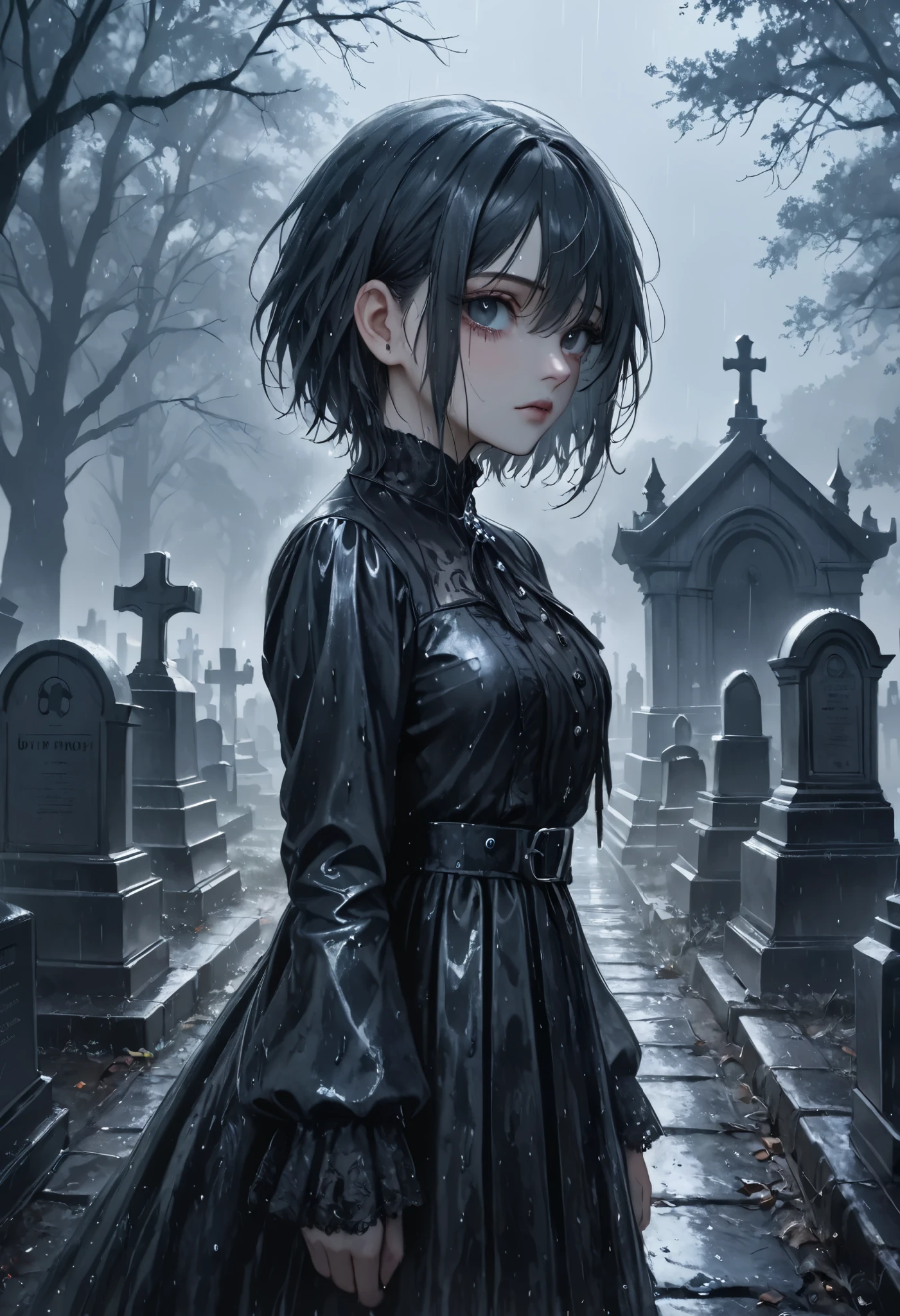 masterpiece, best quality, 8k, highres, ultra-detailed, HDR, UHD, ultra-fine painting, dark gothic style, eerie cemetery at night, rain falling steadily, wet and shiny gravestones, derelict graveyard,gothic girl with drenched hair, slightly tilting her head downward, piercing gray eyes glowing faintly in the dim light, staring intensely at the viewer, intricate black gothic dress with lace details, walking slowly with gravestones in the background, somber and unsettling atmosphere, wet ground reflecting faint light, overcast sky with heavy rain clouds, melancholic and mysterious mood, subtle highlights on raindrops and wet surfaces