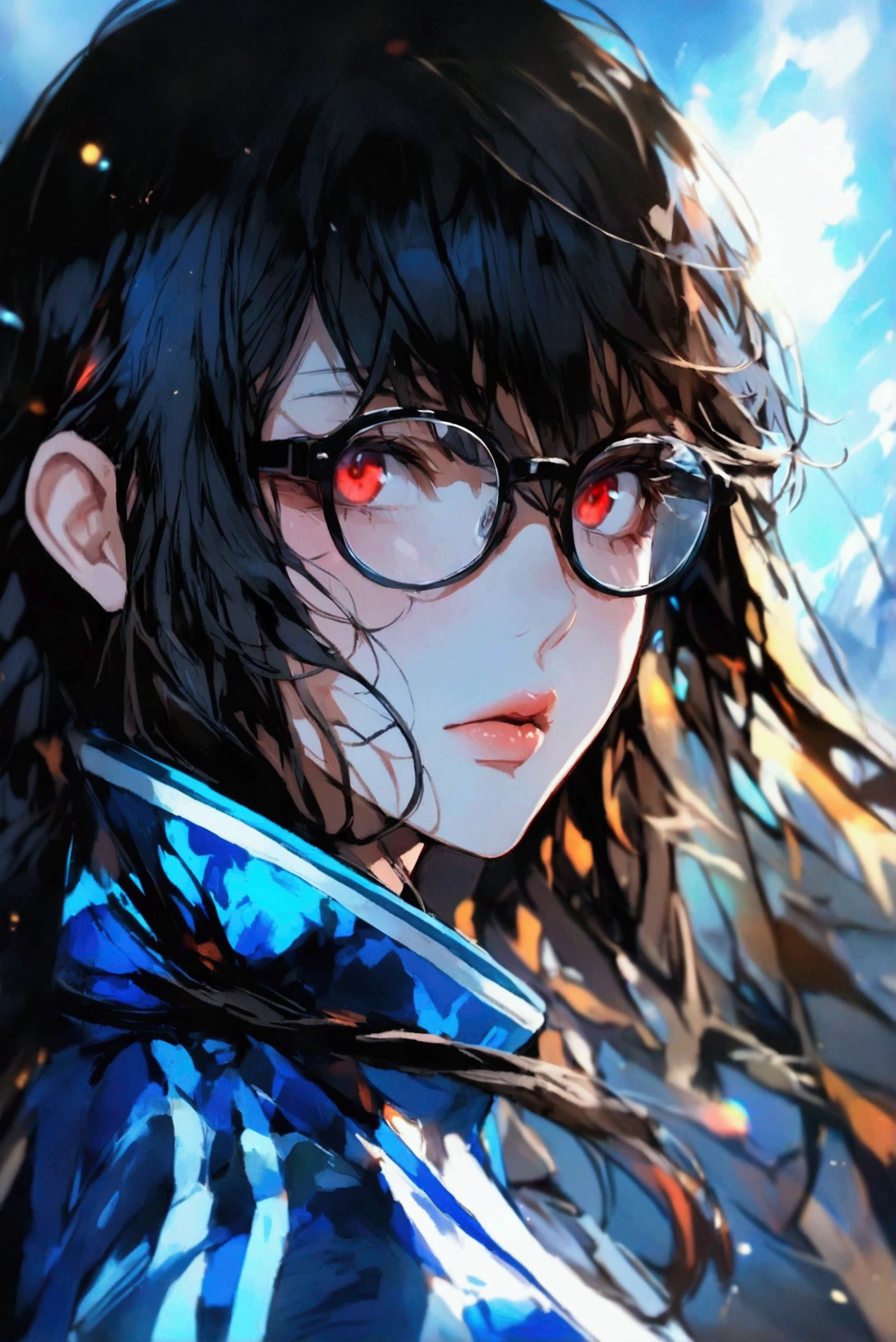 ( masterpiece,  detailed background , ultra-detailed,  The best shade ), ( hair between the eyes , Fantaisie sombre ), ( beautiful detailed face ), High contrast, ( better light , frange hair ), colored,  Hyper-detailing ,  dramatic light ,  Complicated , (1 girl, alone,wearing glasses, beautiful large long hair color black ,  sharp face ,Red Eyes,goeorgious lips,, long hair ,Dynamic angle),  on a light dark blue background , black light ,  depth of field ,), Need good ,  with her personalized blue clothes, proud badass gamer style and written on it 'Shizuka', beautiful large long Hair, Anime Style, et une image assez grande de son buste dezoomé mettant en évidence son corps
Dark blue background and blue environnement 