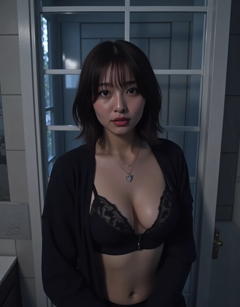 (Live action, high quality photography with detailed images, realism: 1.6), (close-up waist-up portrait: 1.8) of a 28-year-old Asian woman, (short bob hair, (large saggy breasts 1.8), (cleavage: 1.8), (slender, thin, small face, toned abs: 1.3), (wearing a lacy black bra and lacy black string panties and a black cardigan: 1.5), (very sexy and seductive face), seducing the viewer in a dark bathroom,
High-resolution details show off her perfect anatomy and captivate the viewer with her stunning beauty. In the center of the scene, she exudes a mysterious aura. High resolution with smooth and sharp focus, the accent lighting behind her casts an otherworldly glow on the contrasting bright colors of the concept art. (close-up waist-up portrait: 1.8)