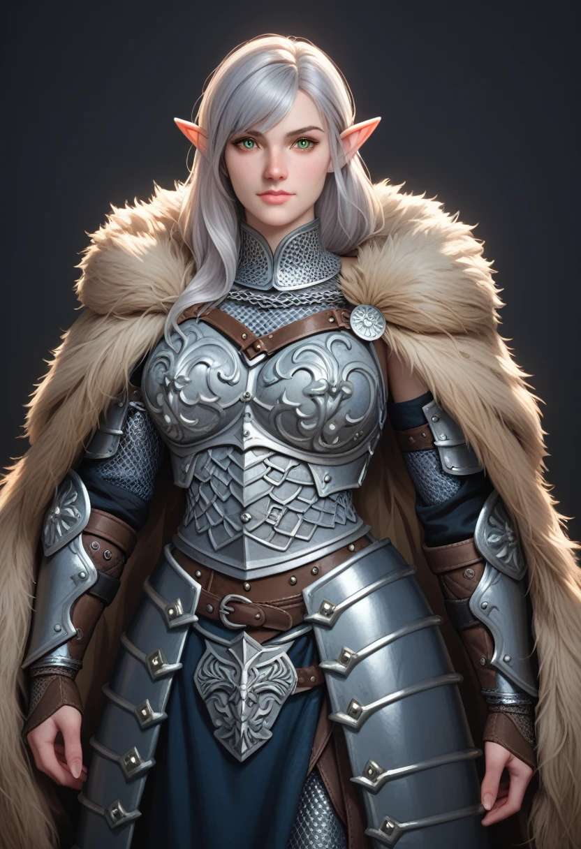 score_9, score_8_up, score_7_up, woman, simple background, dark background, green eyes, gorgeous, elf, fur outfit, black viking outfit, pale skin, solo, dark blue heavy armour, dark blue medieval armour, dark blue chainmail, mythril armour, elven ornaments, fur cloak, standing up straight, calm face, runic tattoos, silver hair, closed mouth, cowboy shot