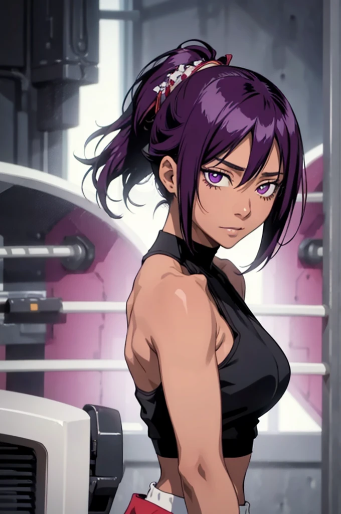 1 female, Yoichi Shiho-in , Black skin , Long dark purple hair,  ponytails bleeding from the vagina, (( Detail Eyes:1.2)), Wear tank tops ,  sexy, Functional,  sleeveless,  Underbob , masterpiece,  best quality,  best quality,  Official Art, beautiful、And aesthetic :1.2),  extremely detailed,  colorful , HIGHEST DEFINITION 