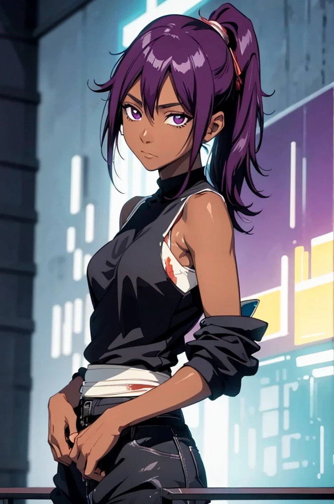 1 female, Yoichi Shiho-in , Black skin , Long dark purple hair,  ponytails bleeding from the vagina, (( Detail Eyes:1.2)), Wear tank tops ,  sexy, Functional,  sleeveless,  Underbob , masterpiece,  best quality,  best quality,  Official Art, beautiful、And aesthetic :1.2),  extremely detailed,  colorful , HIGHEST DEFINITION 