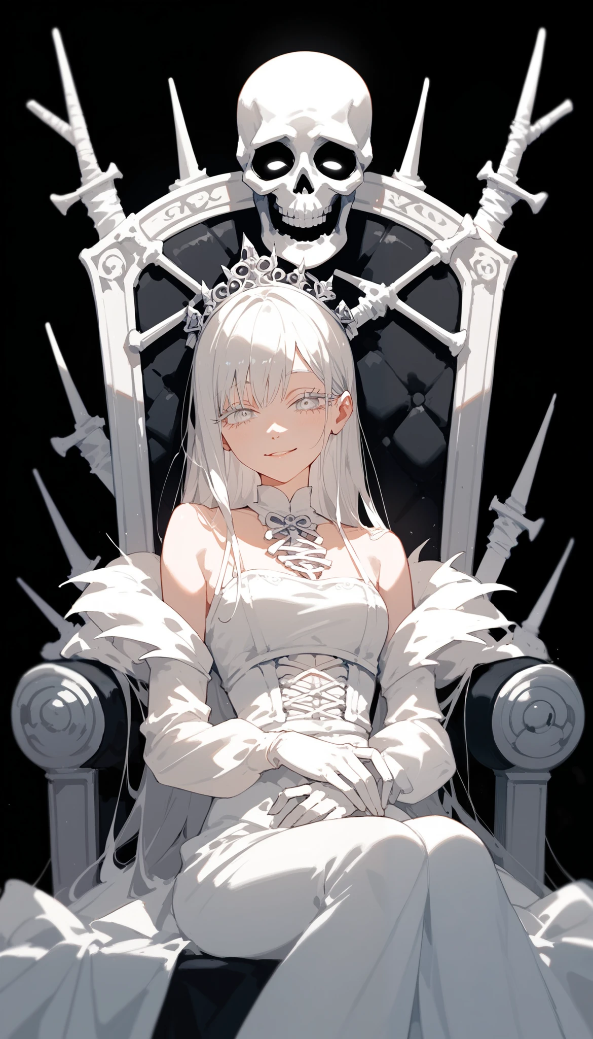 ,White hair, Beautiful long hair , in white eyes ,White eyelashes , Long Sleeve White Silk Blouse, put on gloves , medium chest,smile,cute, sitting on the throne of a human skeleton, black background, chainsaw art,Death