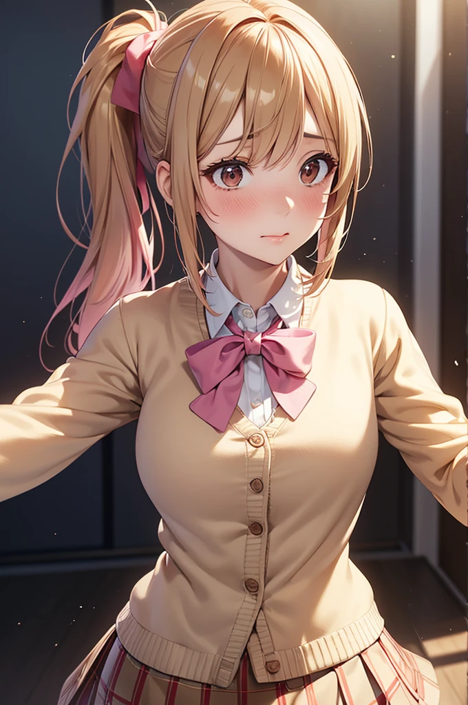  adult woman, Alone,  sexy,8K resolution,(( best quality)), ultra high resolution, ( embarrassed face ), ( Brown Eyes ),  beautiful symmetrical face , ( golden ponytail), pink cardigan,White shirt, uniform skirt,Realistic:1.4,Realistic:1.4,(masterpiece:1.2), perfect eyes, perfect eyes, anatomically correct human body ,Perfect waist,Perfect thighs