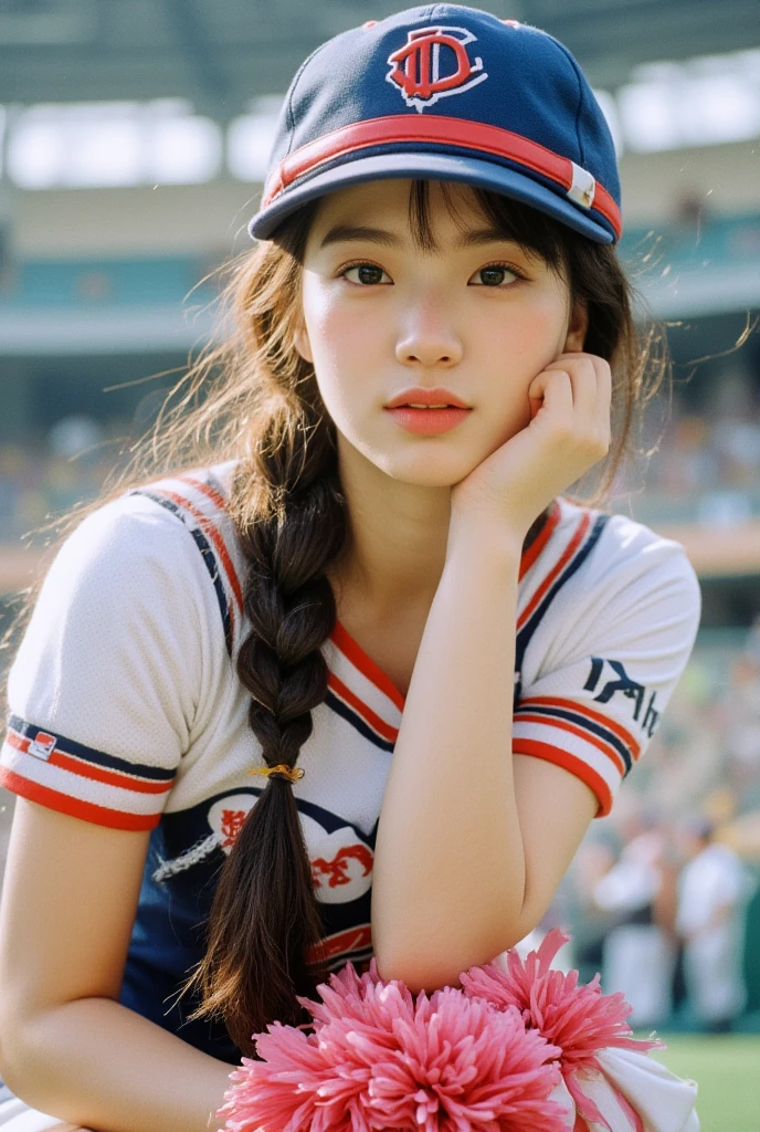 (Best quality, 8k, 32k, Masterpiece, UHD,:1.2),RAW, 1girl,ultra cute , natural lighting,transparent shining eyes, 20yo ,fair complexion, long hair, french braid, flushed face,femur, ,dynamic pose, (seductive smile, upper eyes, parted lips),(cheerleader with large pompom: 1.4), (stadium: 1.5), (slender: 1.3), (baseball cap:1.2),(baseball uniform:1.2), blue mini skirt, mini skirt with white line, crouching, showing panties, pink panties,