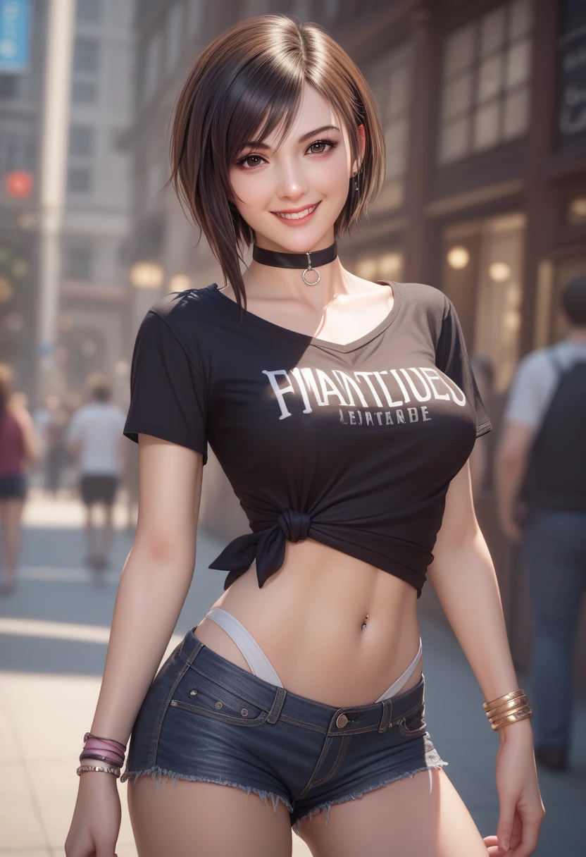 ​masterpiece, top-quality, Detailed details, Detailed landscapes, beatiful lights, Beautiful Shadows, 1girl in, 23years old,Black eyes,Mischievous smile, eye liner,Short hair,bangle,a choker,piercings,hotpants,(Ultra-low rise),ＴShirt, Navel Ejection,detailed skin textures, Tyndall effect