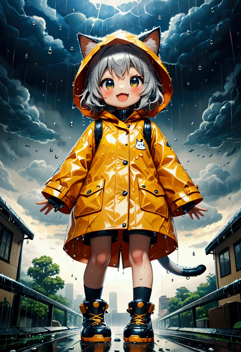 (heavy rain:1.3), (big raindrops), (rainy sky). 1girl/((catgirl:1.3),(furry:1.2),kemono,(chibi:1.2),cat ear,cat eye,cute, kawaii,hair floating, hair shining brightly, curly hair, short hair, messy hair, eye color cosmic, big eyes, (dynamic angle:1.4),(from below:1.4), long shot,short pants,(Walking:1.5) dynamically, (steps:1.3), skipping, (walk heavy steps:1.4),(big smile:1.3),open mouth,fangs,wet hair, wet, cute raincoat,happy,dynamic\). BREAK .background\(heavy rain, dark sky, beautiful waterdrops, long shot\),(from below:1.7),(ground level shot:1.7),(from directly below:1.7). BREAK .quality\(8k,wallpaper of extremely detailed CG unit, high resolution, top-quality, top-quality real texture skin, hyper realistic, increase the resolution, RAW photos, best quality, highly detailed, the wallpaper, golden ratio, high saturation realism, vibrant colors, dramatic lighting, persuasive storytelling, atmospheric scenery, captivating visuals, intricate details, strong emotions, dreamlike world\),realistic rain, high speed shutter, (fisheye lens), (focus on waterdrops), (landscape of sky:1.5), (rotated view style:1.5), Dutch Angle Style
