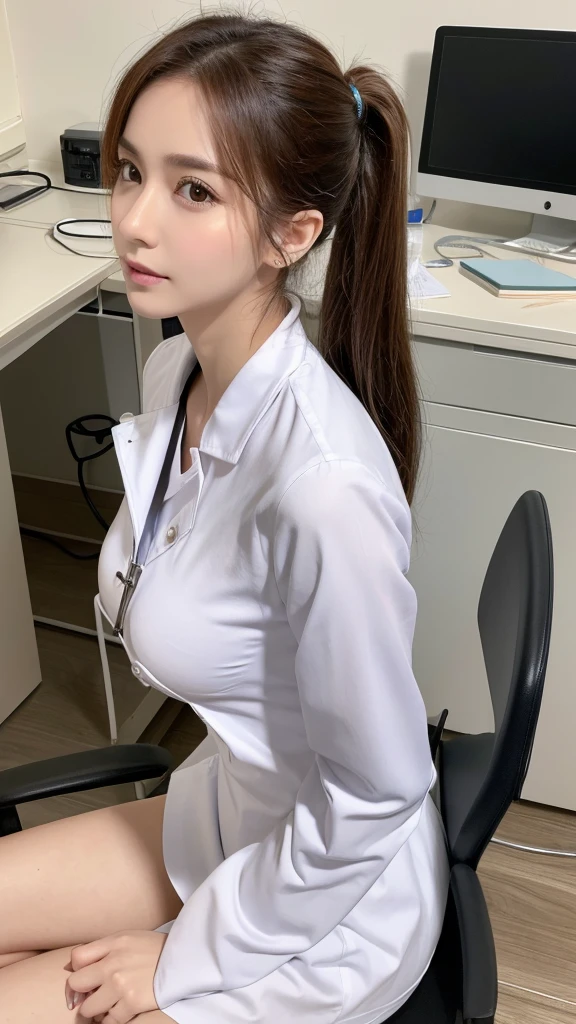 ((  best quality)), ((masterpiece)), (   Details), ((Genuine)),((reality)),((  Photos Volume Unlocked )),whole body、  wallpaper、  attention to detail 、Working women、Age 25、 super slim and normal breasts、  doctor coat、  slit skirt  、Stethoscope、hospital、Brasilia,  model body type  、 Big Breasts 、super tight shirt,  clevis、 lure、triangle、 absolute domain、 side ponytail 、 small face、 sit on a chair,  computer desk ,Examine patients ,nsfw