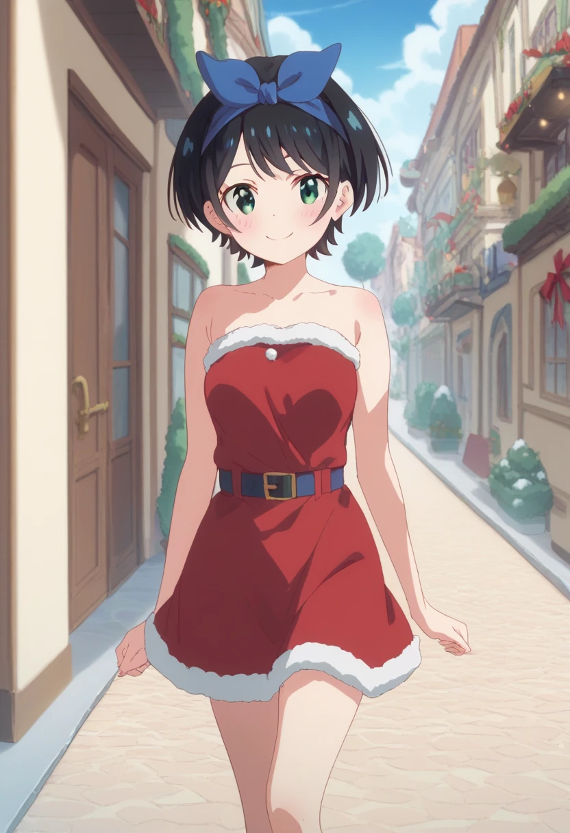 best quality, high resolution, 8k, ((****)), solo, blush, (Ruka Sarashina, short hair, bangs, black hair, ribbon, green eyes, hair ribbon, headband, blue headband), medium breasts, nude, happy smile, walking, santa dress, santa uniform, night town background