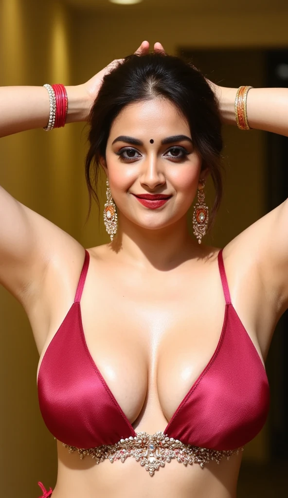 Indian beautiful woman sexy alluring face bhabhi, Mouth slightly open,Kajal in eyes, heavy mascara,Giving sexy look to viewer's,big long earrings,(( Wearing sleeveless bikini blouse)),Medium size mole on breast and armpits,Both hand's stretched up above the head showing dark black hairy stubble armpits,Sindoor Vermilion in hairs,middle parting ornament in hairs,Golden long necklace,Sleeveless bikini blouse,very deep cleavage,curvy plus size model wearing transparent Dark Red glossy transparent color saree,red nail polish, Dark Red satin glossy sleeveless bikini blouse, plenty red bangles in hand,red dark medium bindi on fore head,Red dark lipstick, heavy bridal makeup, showing navel and midriff,facing to camera in Squat posture, Wearing black High heels sandals,curvy legs,curvy plus size figure,big large m-cup breasts, deep cleavage, huge breasts, side bun hairstyle, bright eyes, thin eyebrows, fair skin, blushing cheeks, prefect ,head to thighs view, head to thigh view, bright sunlight,oily sweaty shiny detailed skin.