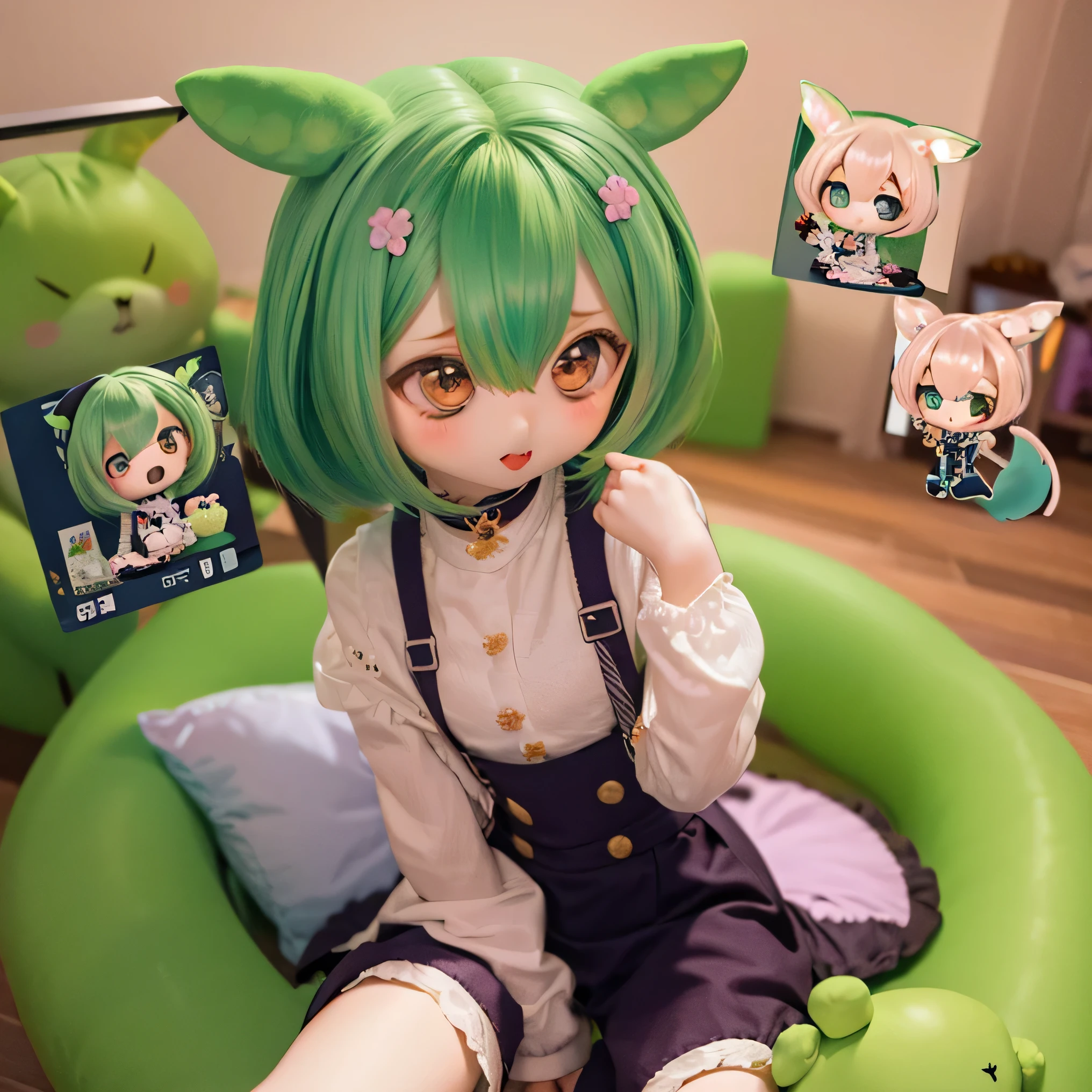   Green-haired Zundaman in cute pose(((((Chibi)))))play、(((Mother and daughter)))