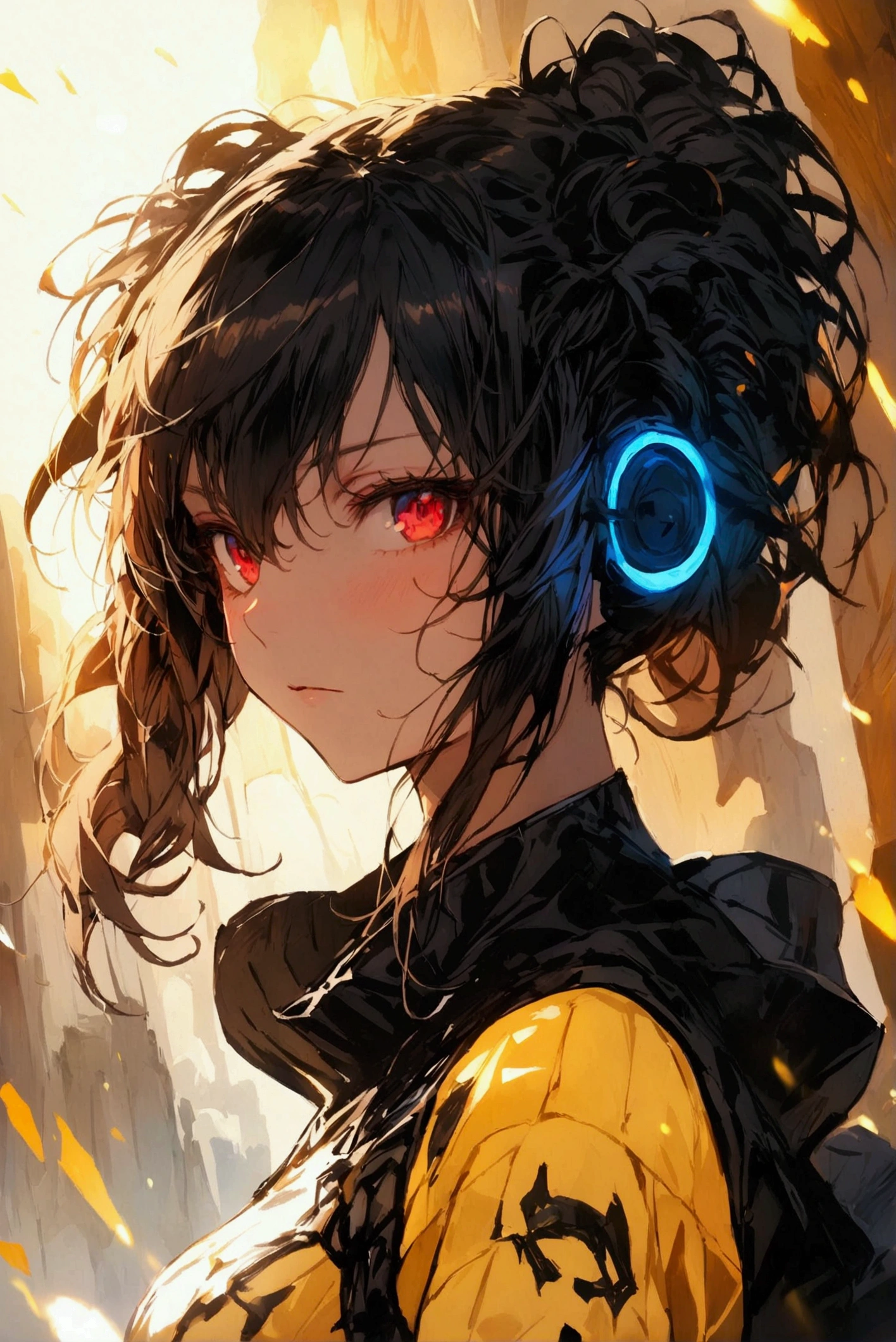 ( masterpiece,  detailed background , ultra-detailed,  The best shade ), ( afro long curly hair between the eyes , Fantaisie sombre ), ( beautiful detailed face ), High contrast, ( better light ,  hair between the eyes ), colored,  Hyper-detailing ,  dramatic light ,  Complicated , (1 girl, alone, hair color gradient black yellow brown ,  sharp face ,Red Eyes, Brown yellow long curly hair between the eyes ,Dynamic angle),  on a light brown  background , black light ,  depth of field ,), Need good ,  with her personalized clothes, proud badass gamer style and written on it 'Shizuka', lonf curly Hair, Anime Style, et une image assez grande de son buste dezoomé mettant en évidence son corps
Brown background