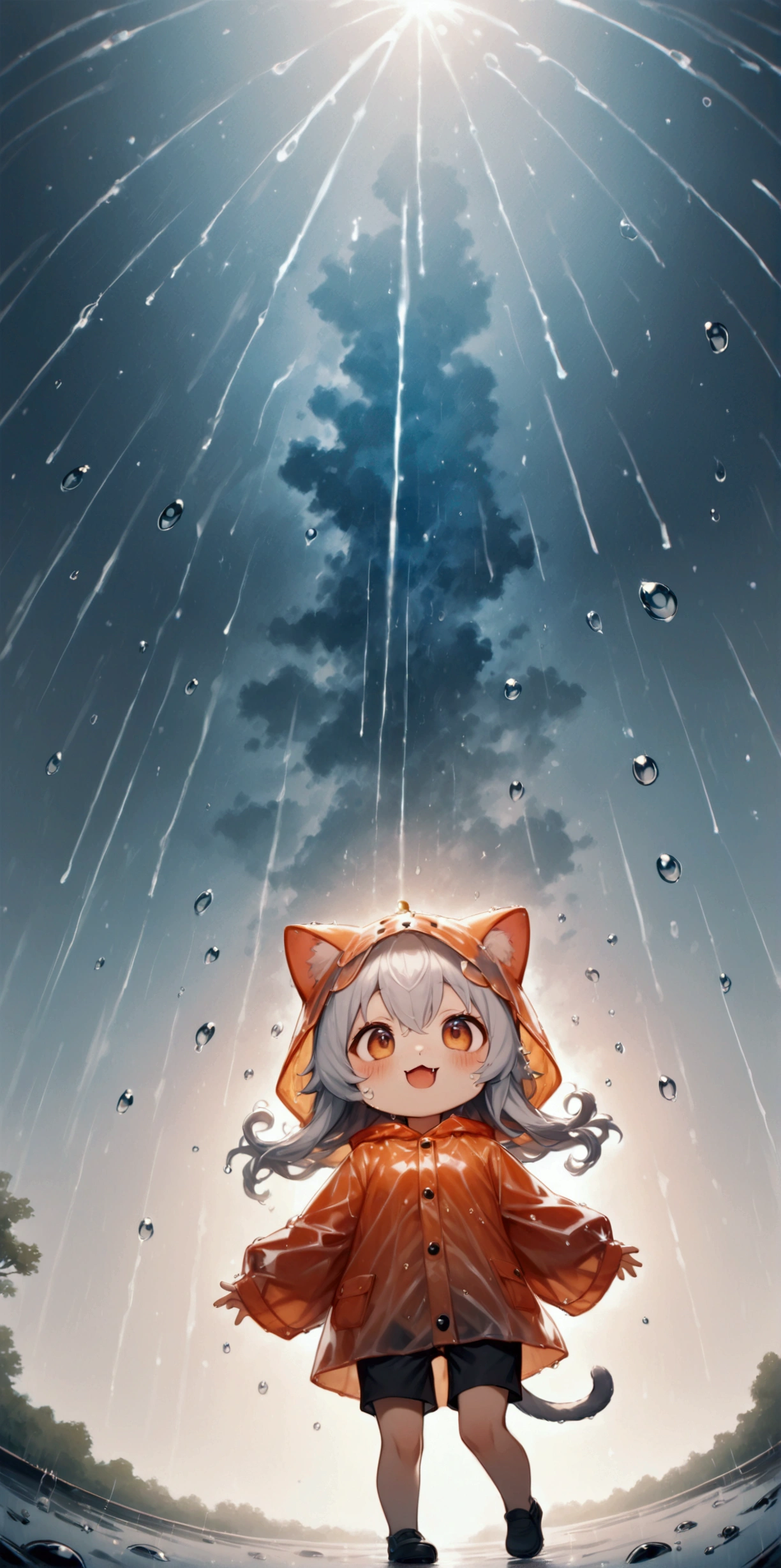 
(heavy rain:1.3), (big raindrops), (rainy sky). 1girl/((catgirl:1.3),(furry:1.2),kemono,(chibi:1.2),cat ear,cat eye,cute, kawaii,hair floating, hair shining brightly, curly hair, short hair, messy hair, eye color cosmic, big eyes, (dynamic angle:1.4),(from below:1.4), long shot,short pants,(Walking dynamically:1.4), (big steps:1.3),(walk heavy steps:1.4),(big smile:1.3),open mouth,fangs,wet hair, wet, cute raincoat,happy,dynamic\). BREAK .background\(heavy rain, dark sky, beautiful waterdrops, long shot\),(from below:1.7),(ground level shot:1.7),(from directly below:1.7). BREAK .realistic rain, high speed shutter, (fisheye lens), (focus on waterdrops), landscape, rotated view style, Dutch Angle Style,splash