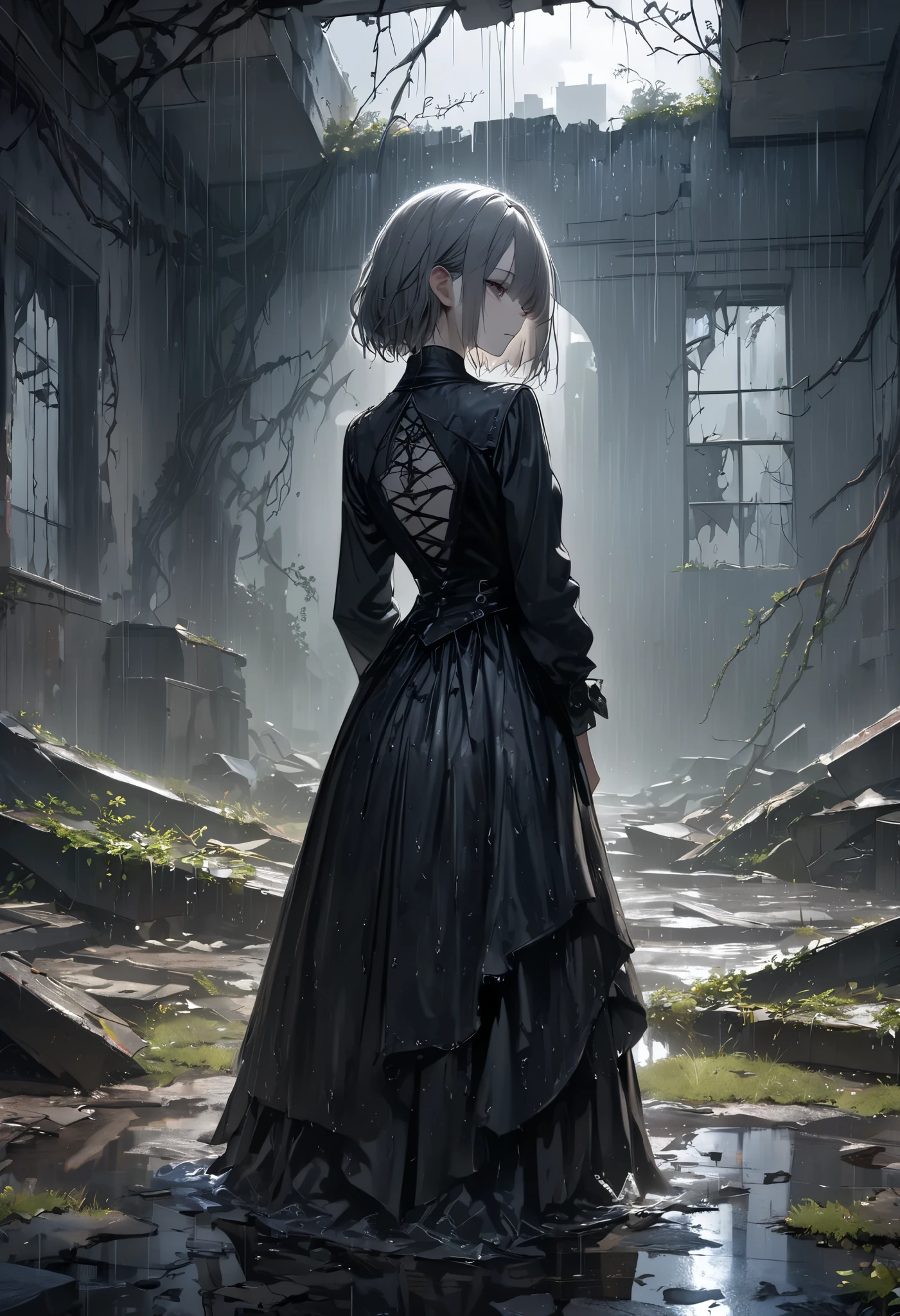 masterpiece, best quality, 8k, highres, ultra-detailed, HDR, UHD, ultra-fine painting, dark gothic style, haunting atmosphere, abandoned ruins in the background, pouring rain drenching the scene, gothic girl with dark clothing, slightly hunched posture, back view, faintly glowing gray eyes glaring over her shoulder toward the viewer, pale skin reflecting dim light, wet hair clinging to her back, tattered ruins with broken windows and overgrown vines, muted and cold color palette, puddles forming on the cracked ground, eerie lighting creating deep shadows, horror details, somber and unsettling mood, mysterious and enigmatic composition