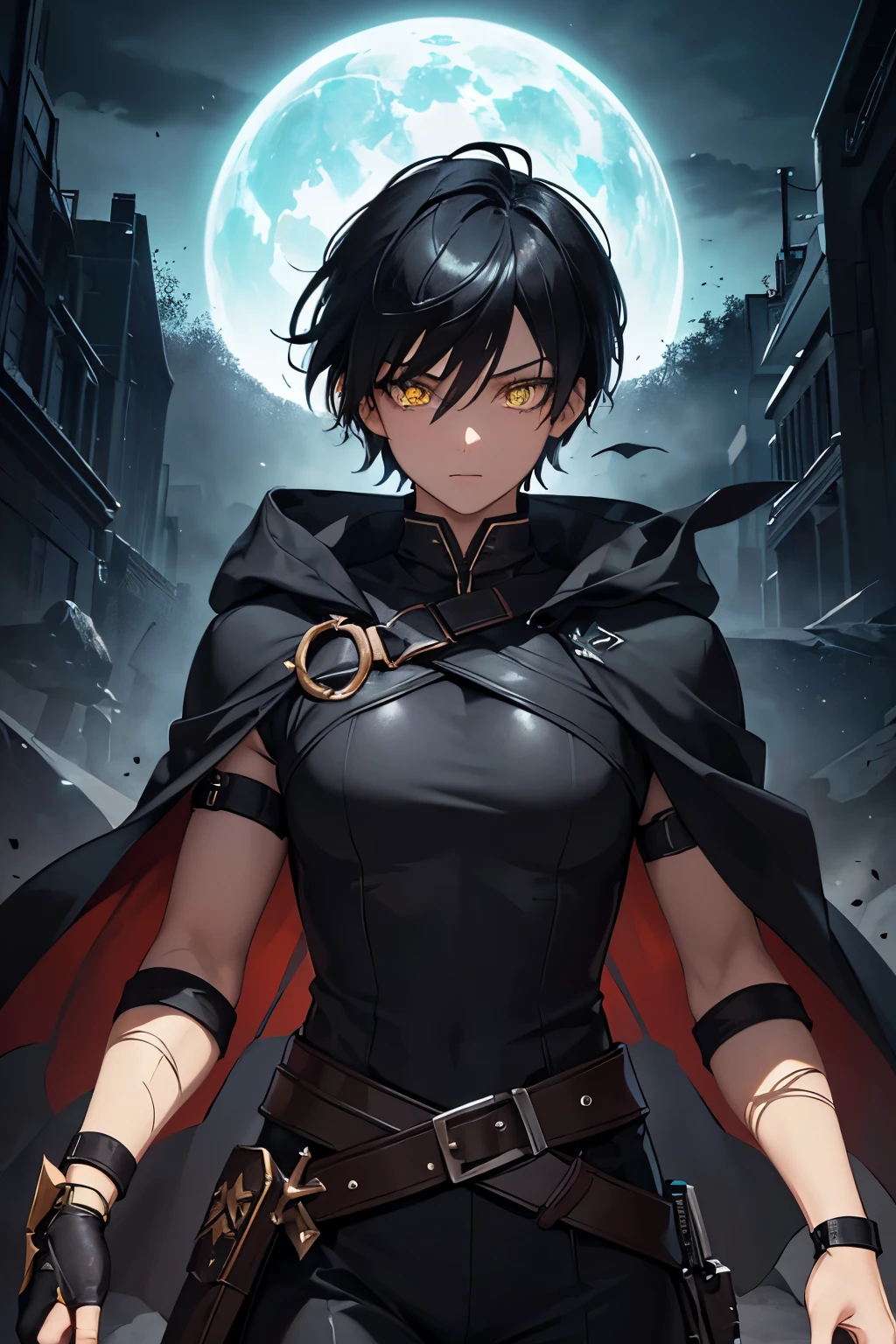 (high-quality, breathtaking),(expressive eyes, perfect face) ((1boy)), male, solo, young adult, black hair, yellow eyes, (short spiky hairstyles) short hair length, (dark skin), soft serious expression, Archer profession, thief attire, cargo pants, lots of belts, Black leather armor, cloak and dagger, environment background, fantasy clothing, fantasy attire, DnD rogue Class, half body, black and brown clothing palette, ((tan skin color)), rogue, leather arm guards, fantasy, (big Stigmata), character focus, ((black light)),((dark lighting)), cinematic lighting ,(darkness), (concept art), (glowing eyes), high resolution, extremely detailed CG unity 8k wallpaper, ((masterpiece)), ((top-quality)), (beautiful illustration), ((an extremely delicate and beautiful)), (masterpiece, Best quality, ultra high resolution), glowing yellow eyes, Luminous_eyes, ultra detailed eyes, Beautiful and detailed face, detailed eyes, (Centered, torso), (wide shot:0.9), facing the viewer, Eye level, ((fully clothed))