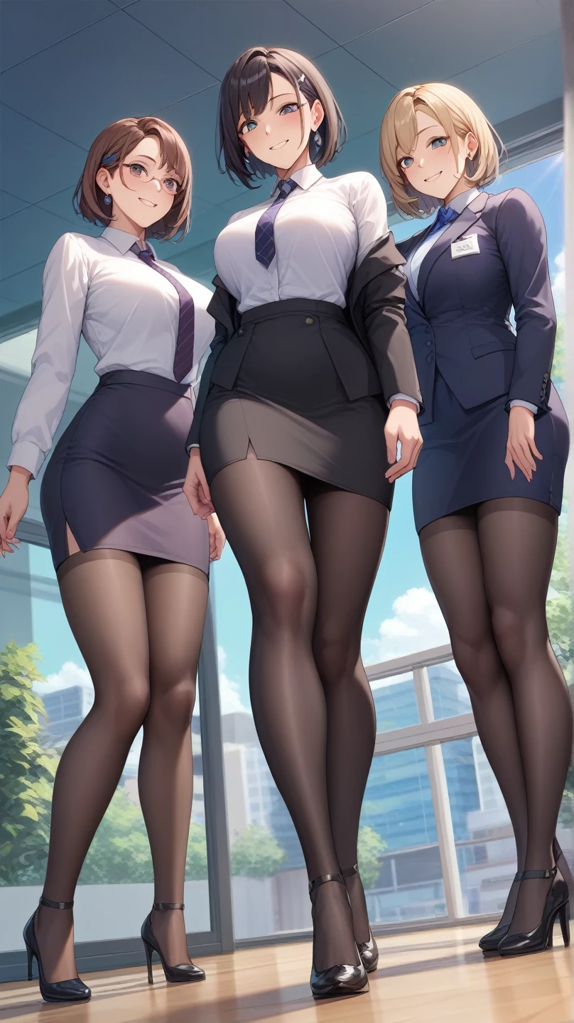 
(( best quality)), ((masterpiece)), (be familiar with)  perfect face　Three mature women 、Manga style illustration、Office Style、 business suit、 black jacket 、White open shirt、 black knee-length pencil skirt 、 black pantyhose、 wearing black high heel pumps、Company corridor、 three are walking while chatting、Looking down and smiling 、 Viewpoint looking up from the floor 、View angle from below、 low angle、From toe to toe, full body to toe, full body 、