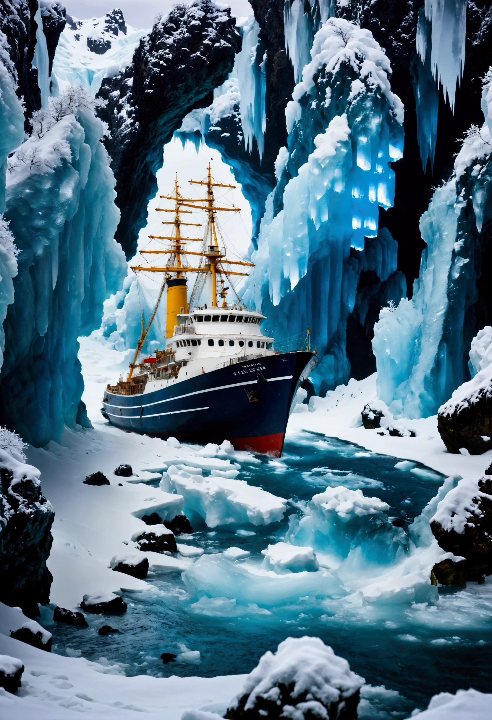 boat,ice,ocean,rock,ship,snow,snowing,splashing,water,watercraft,waterfall,waves